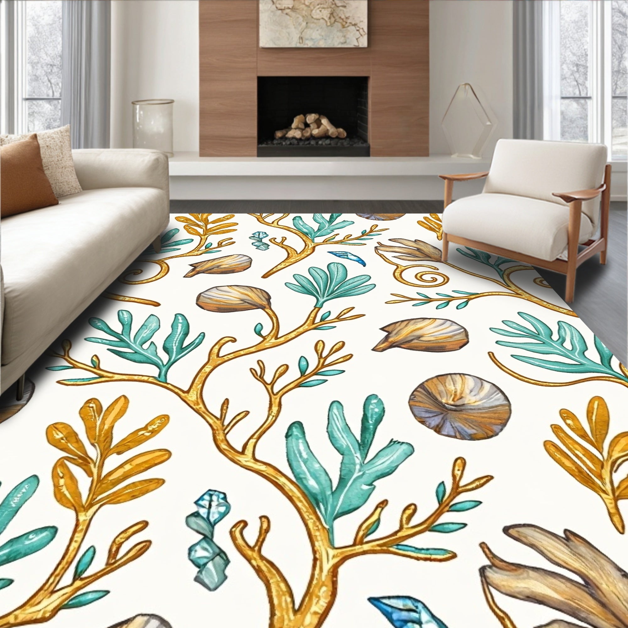 Golden Coral Teal Leaf Shells Rug