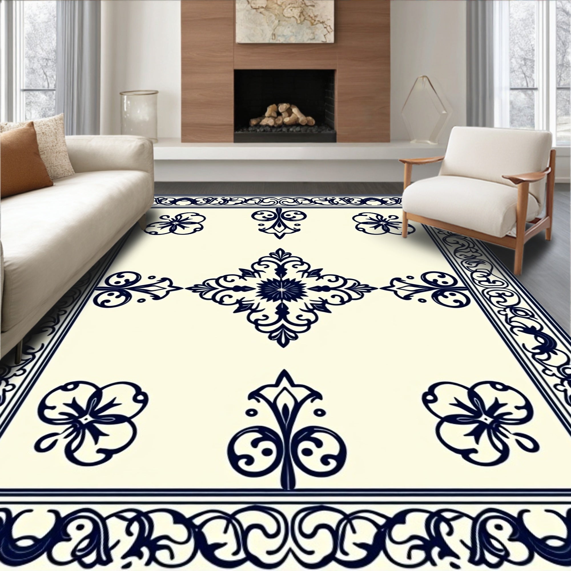 Navy Floral Medallion Cream Regal Rug