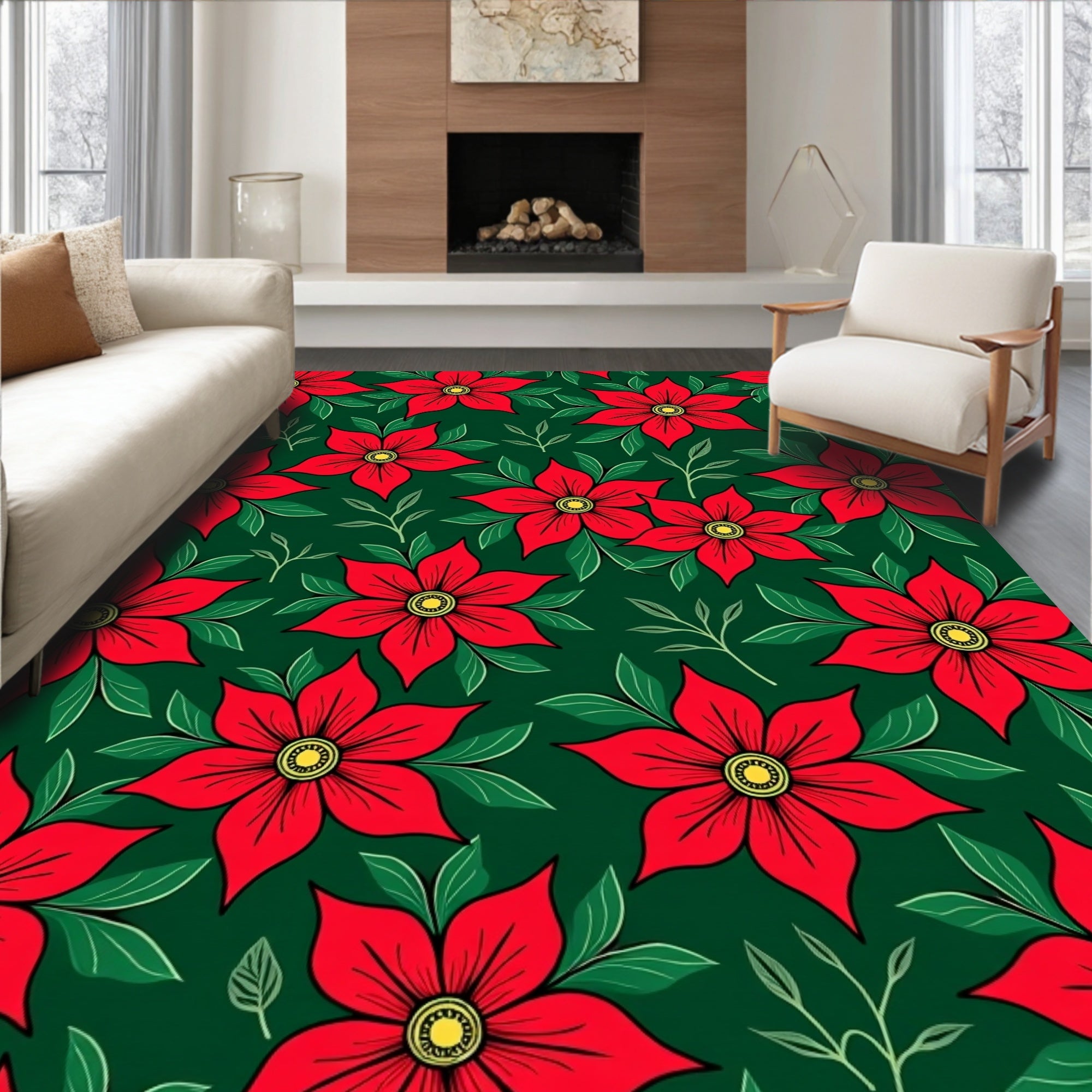 Red Floral Green Leaf Bloom Rug
