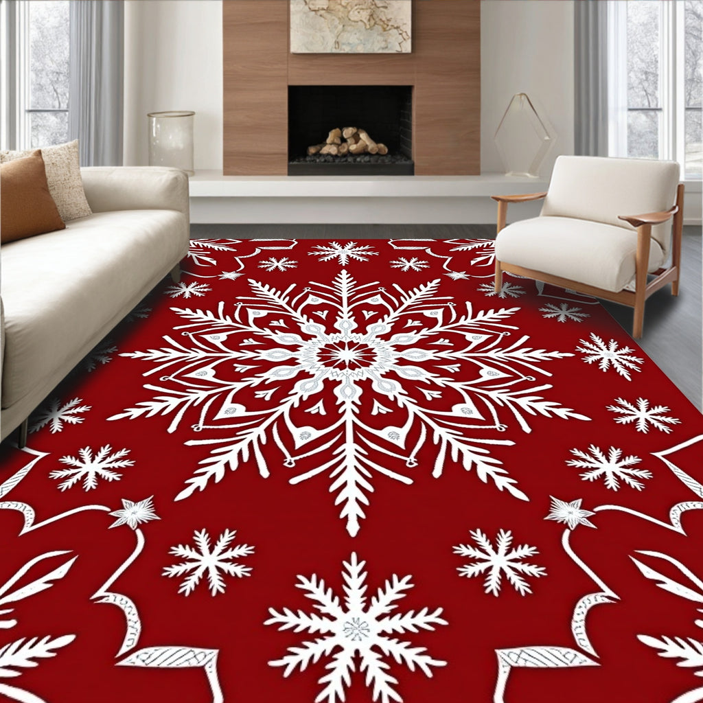 Crimson White Snowflake Cascade Rug