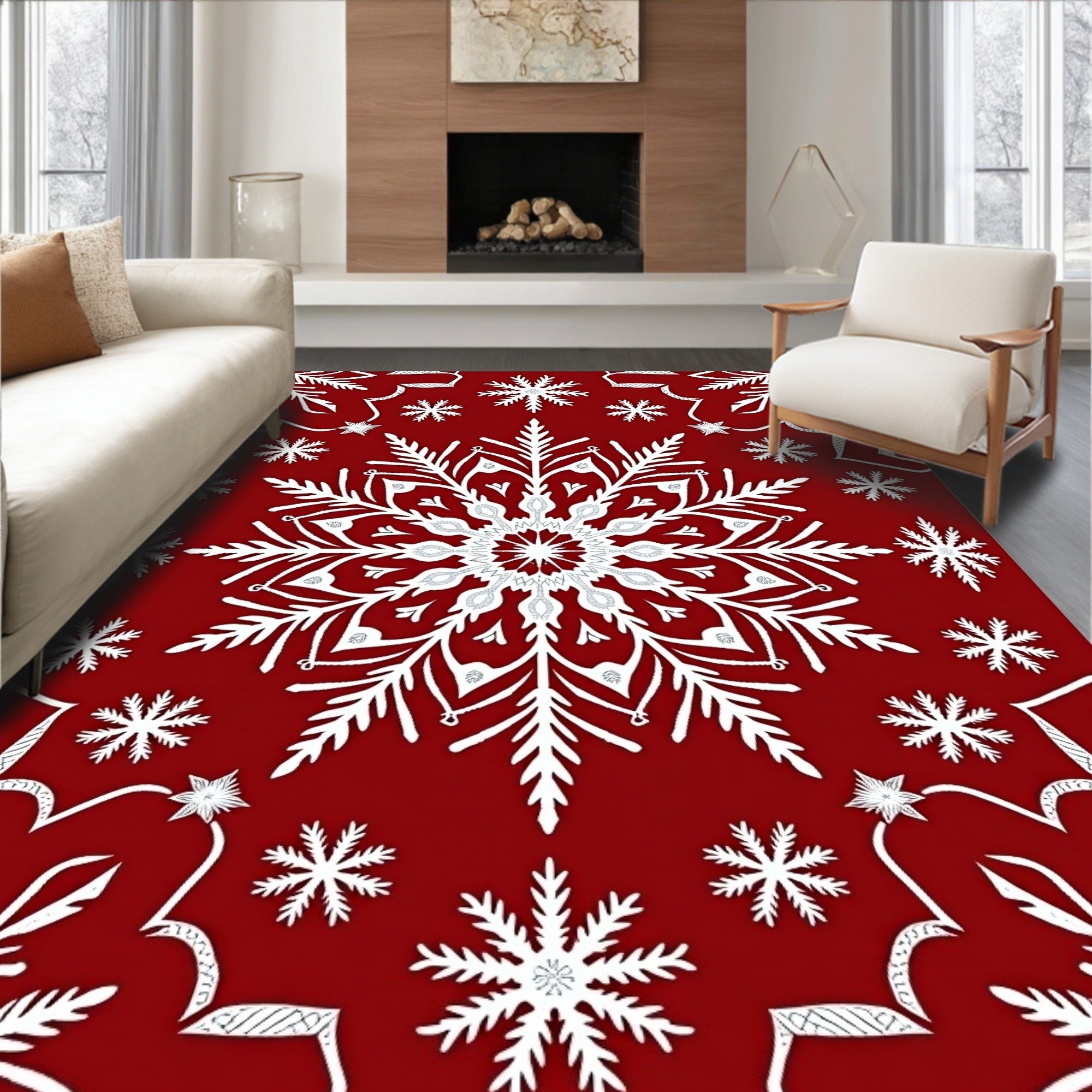 Crimson White Snowflake Cascade Rug