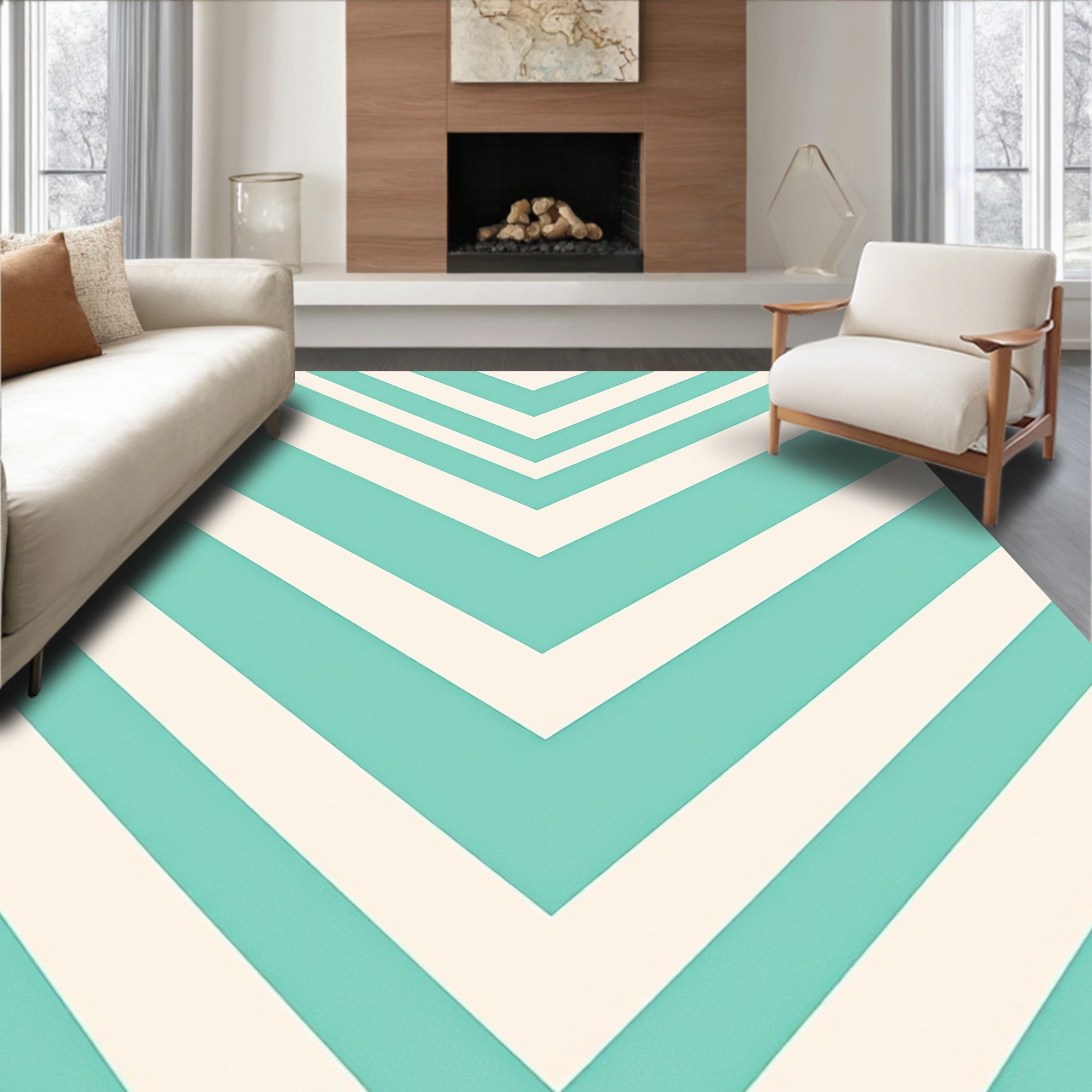 Aqua Ivory Chevron Stripes Rug