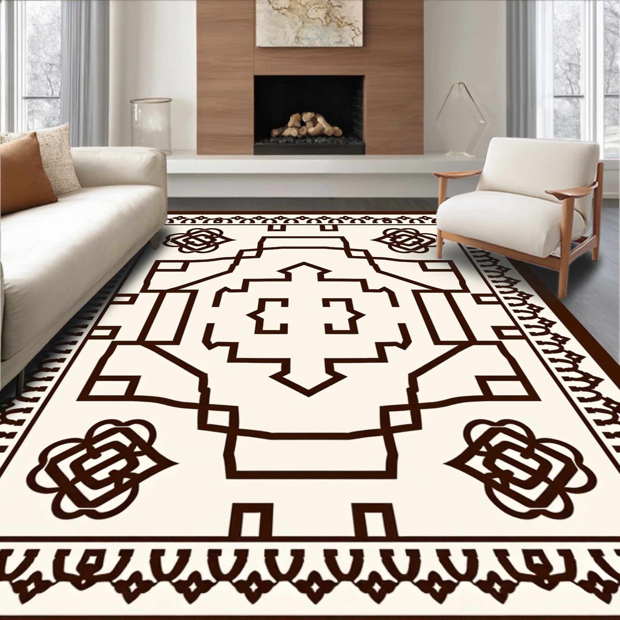 Ivory Brown Geometric Central Medallion Rug