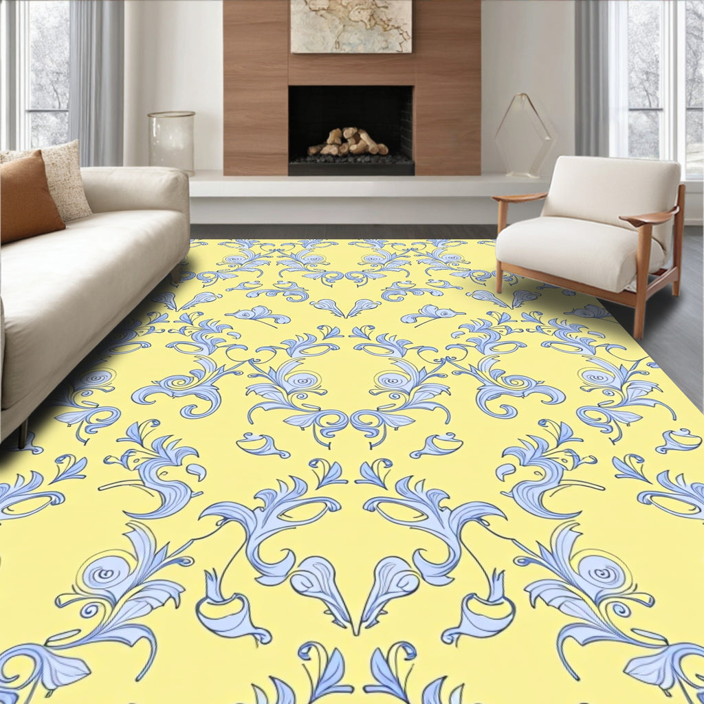 Pale Yellow Blue Floral Swirl Scroll Rug