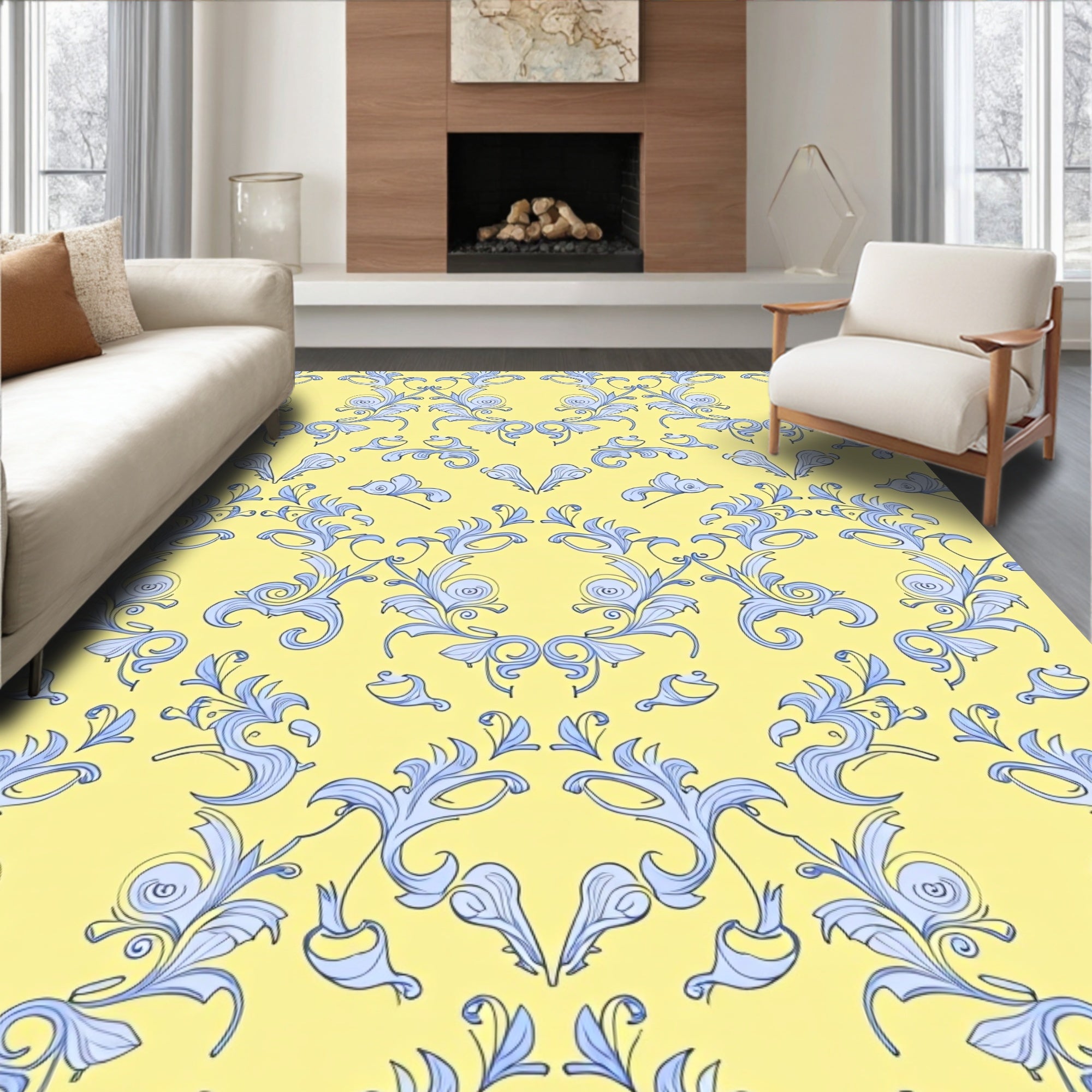 Pale Yellow Blue Floral Swirl Scroll Rug