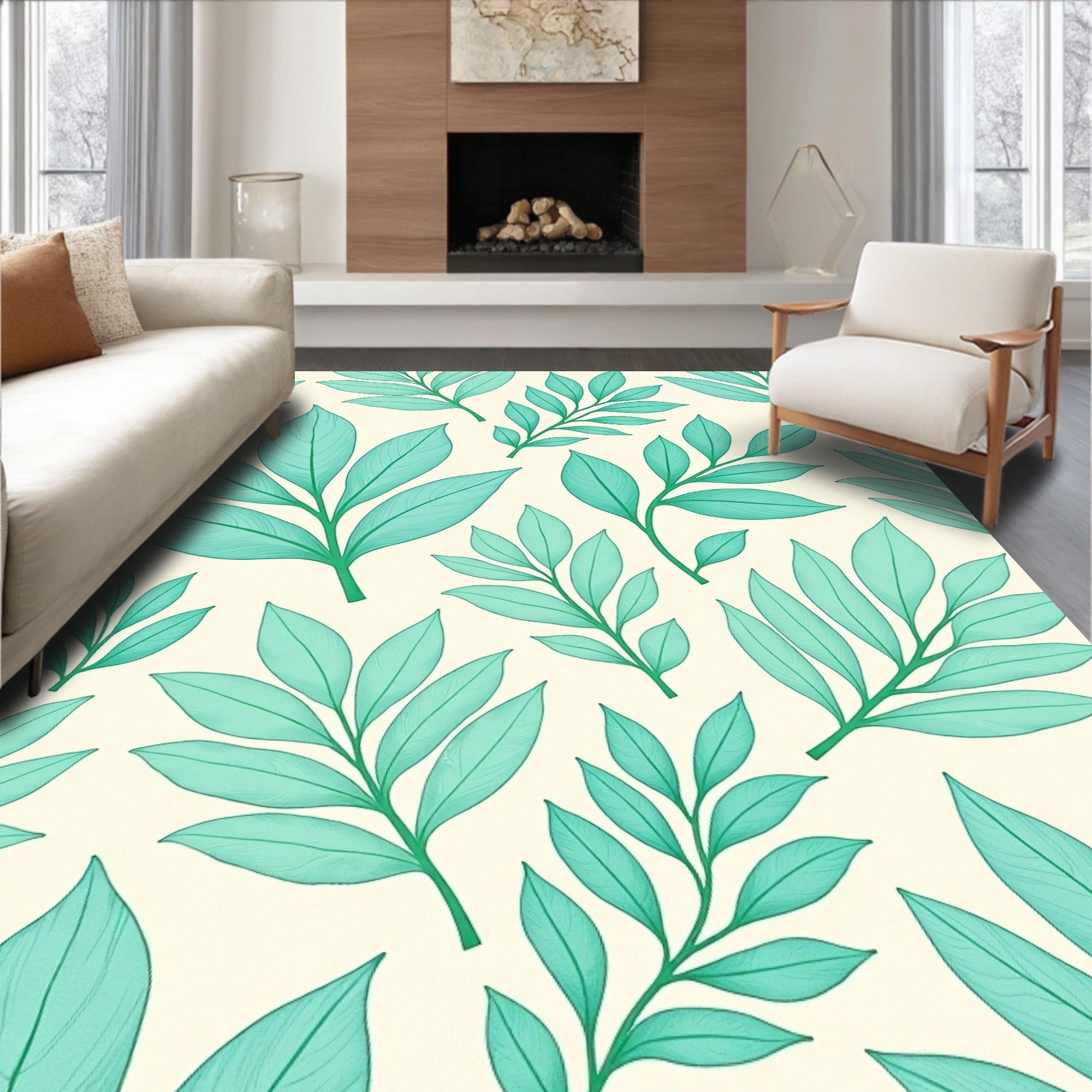 Teal Leafy Branches Cream Background Rug