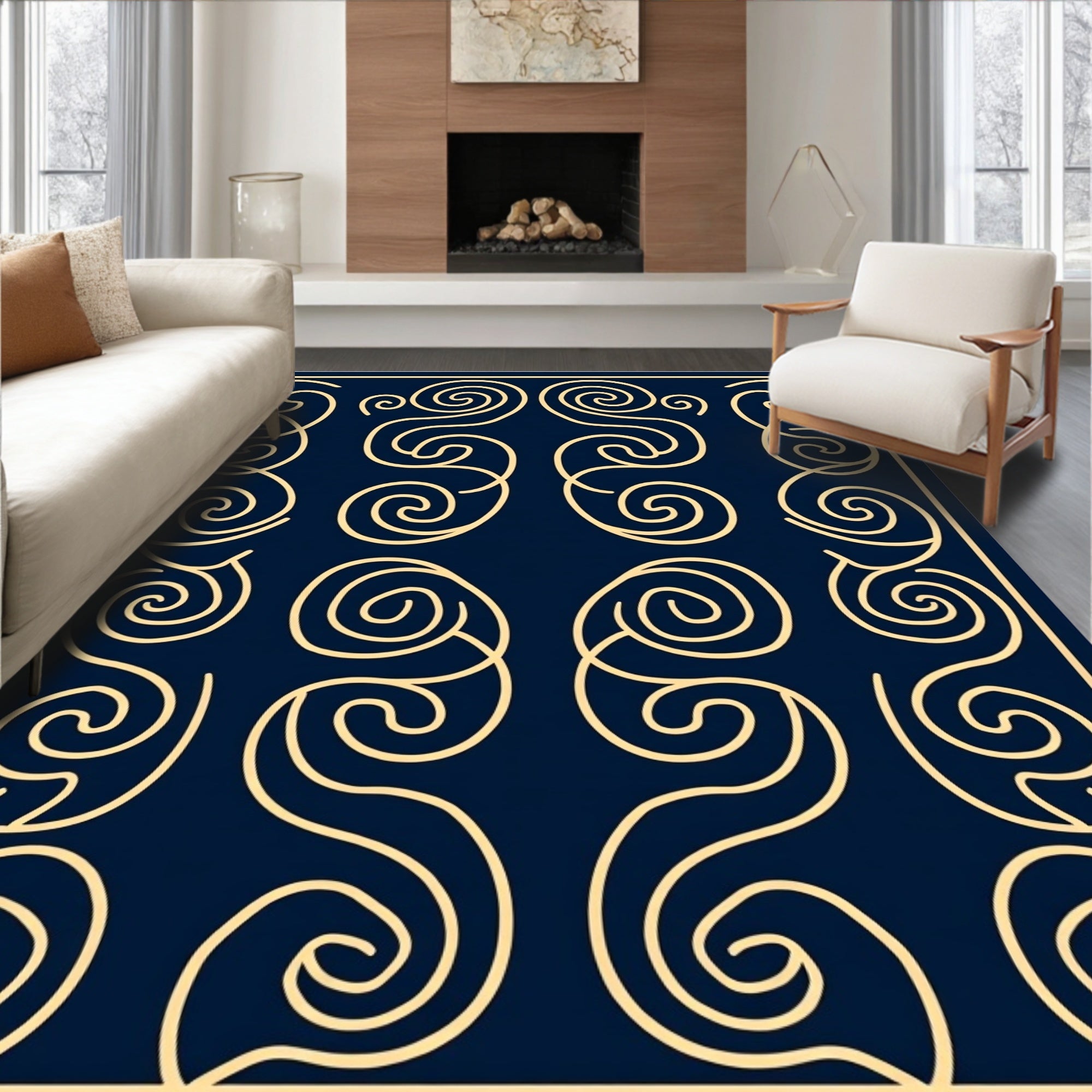Deep Navy Swirling Line Art Rug