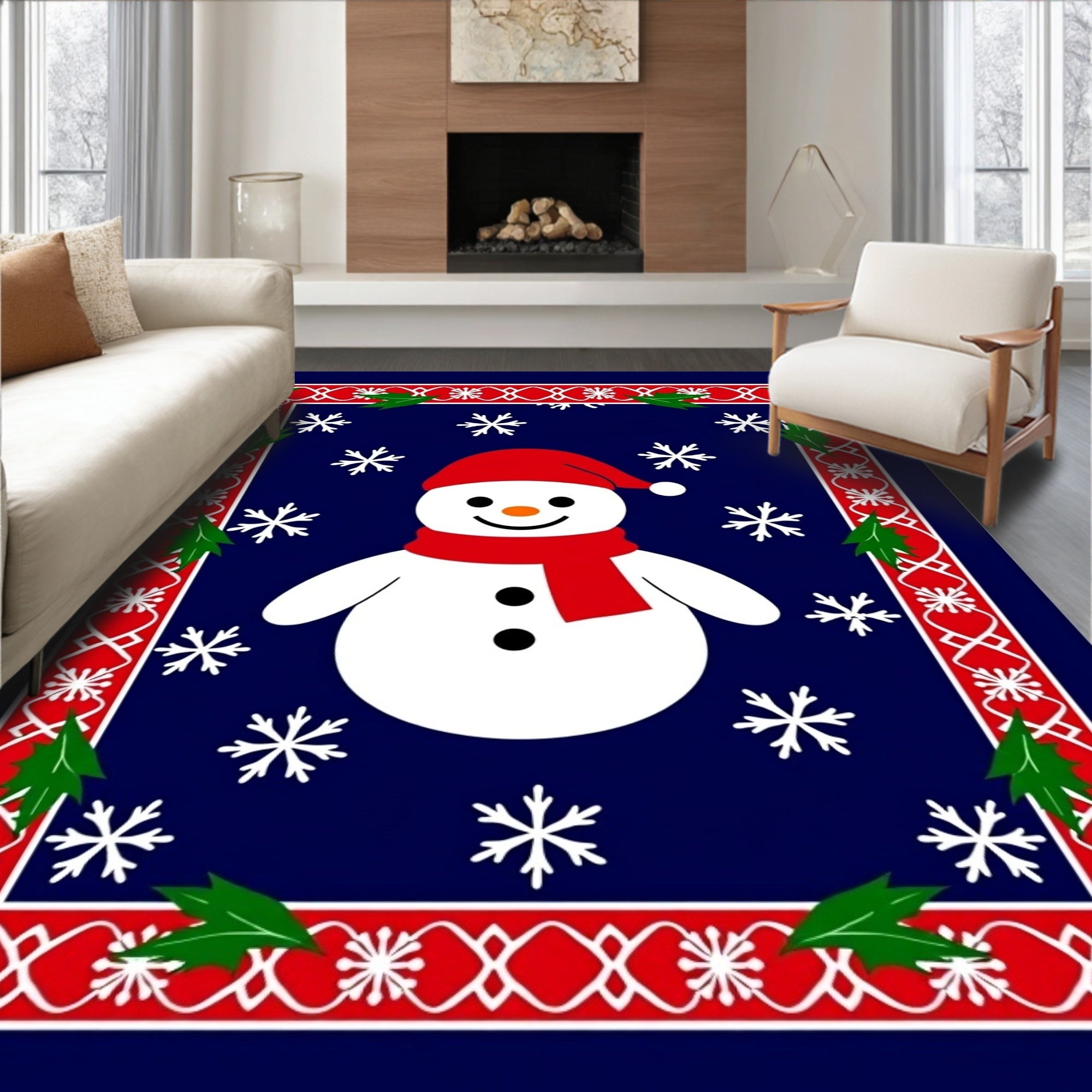 Festive Blue Snowman Holly Snowflake Frame Rug