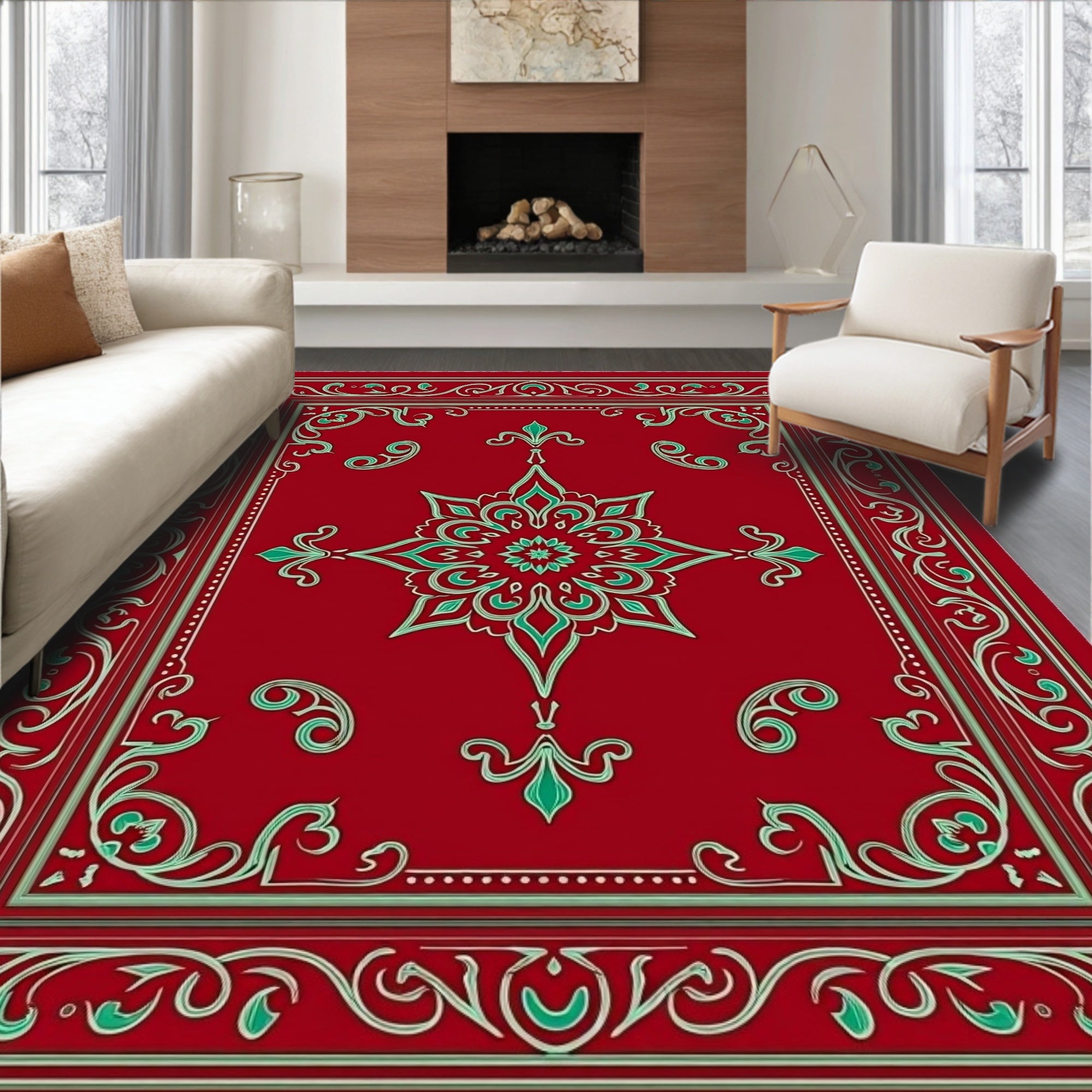 Crimson Teal Elaborate Floral Medallion Rug
