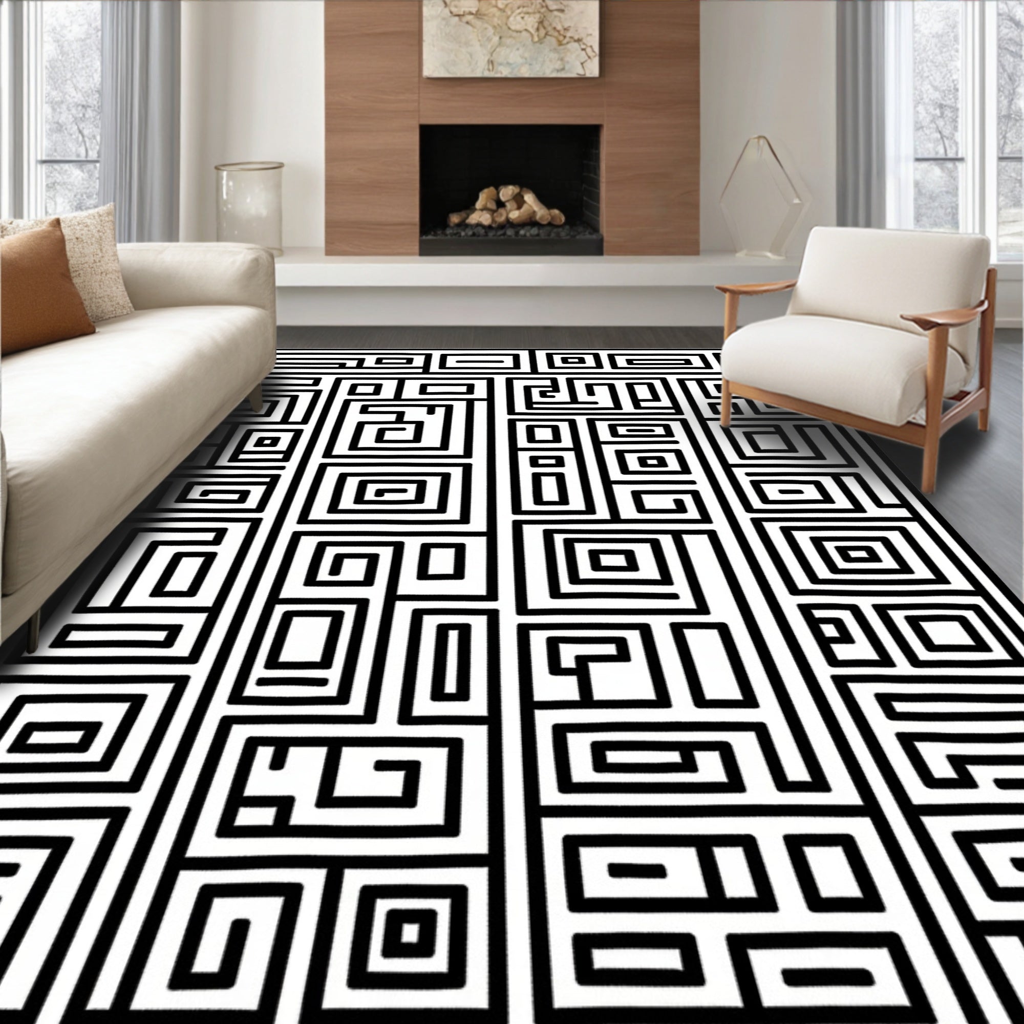 Monochrome Abstract Geometric Maze Rug