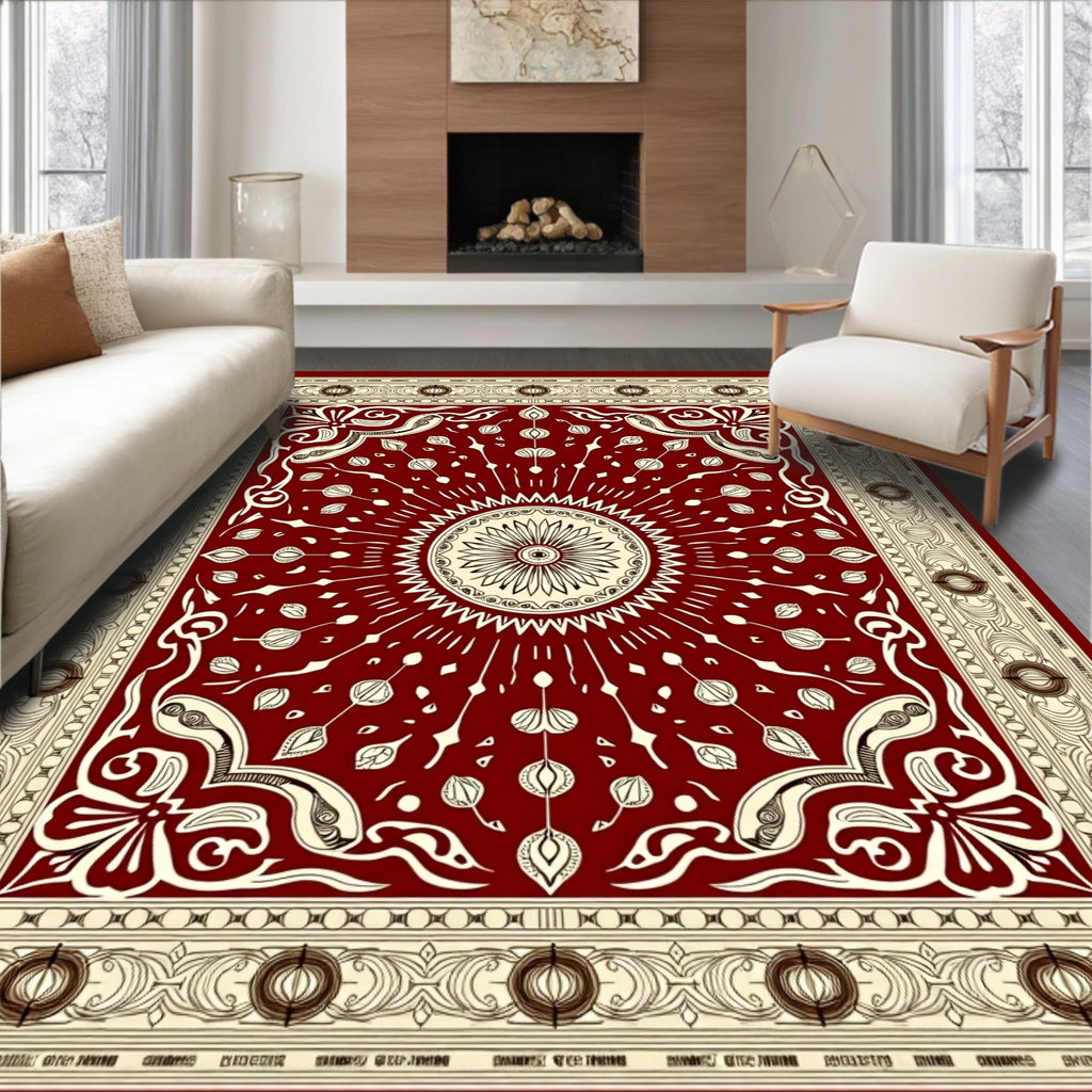 Deep Red Floral Sunburst Medallion Rug