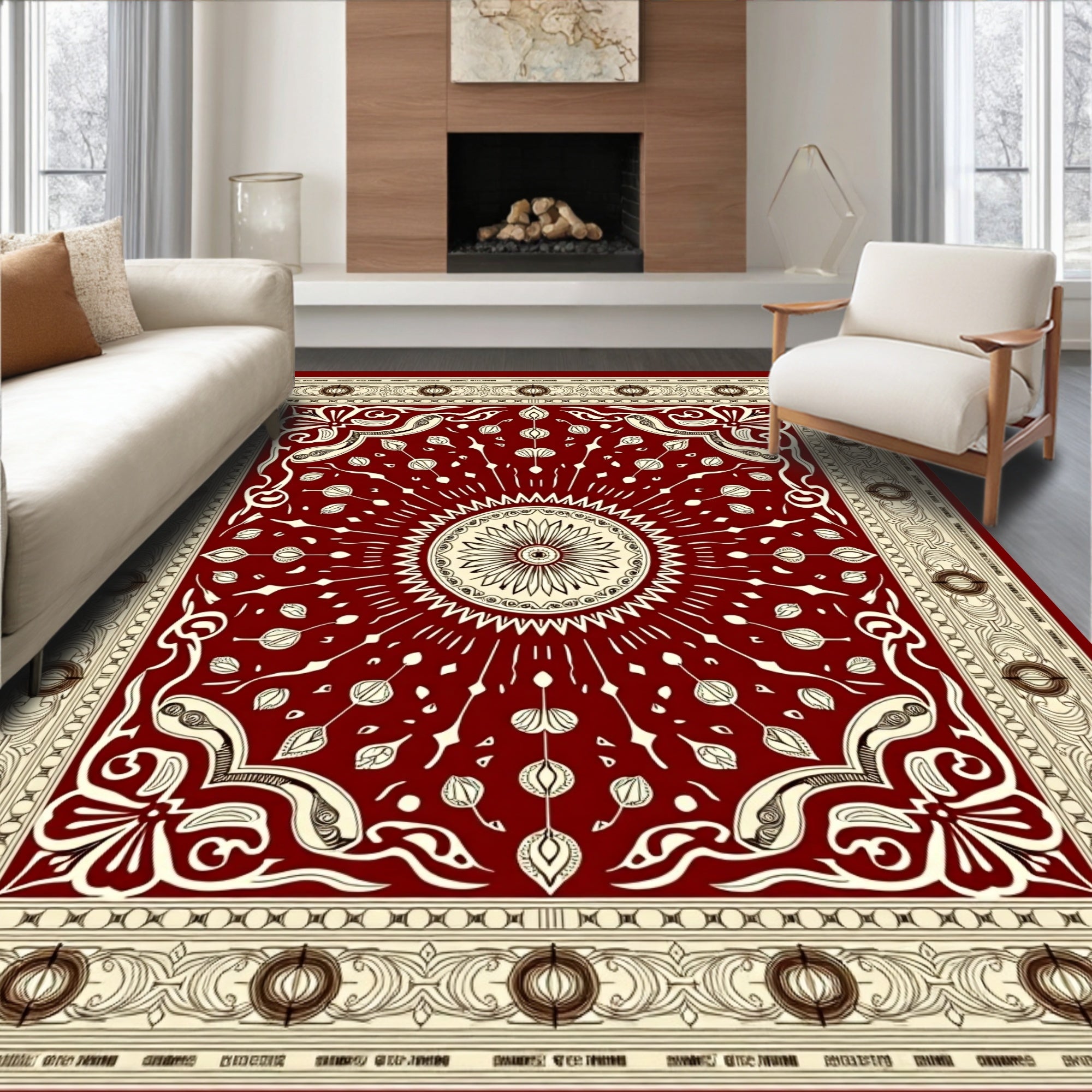 Deep Red Floral Sunburst Medallion Rug