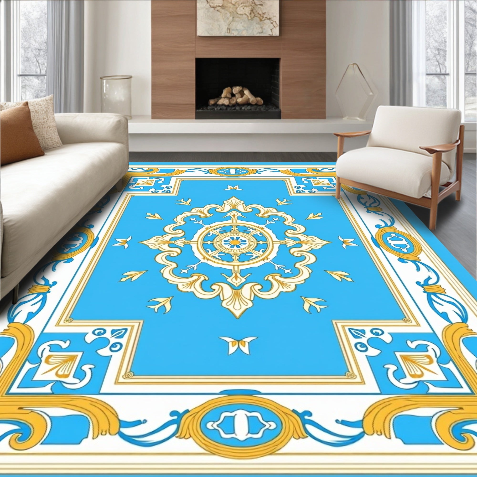 Golden White Blue Medallion Frame Rug