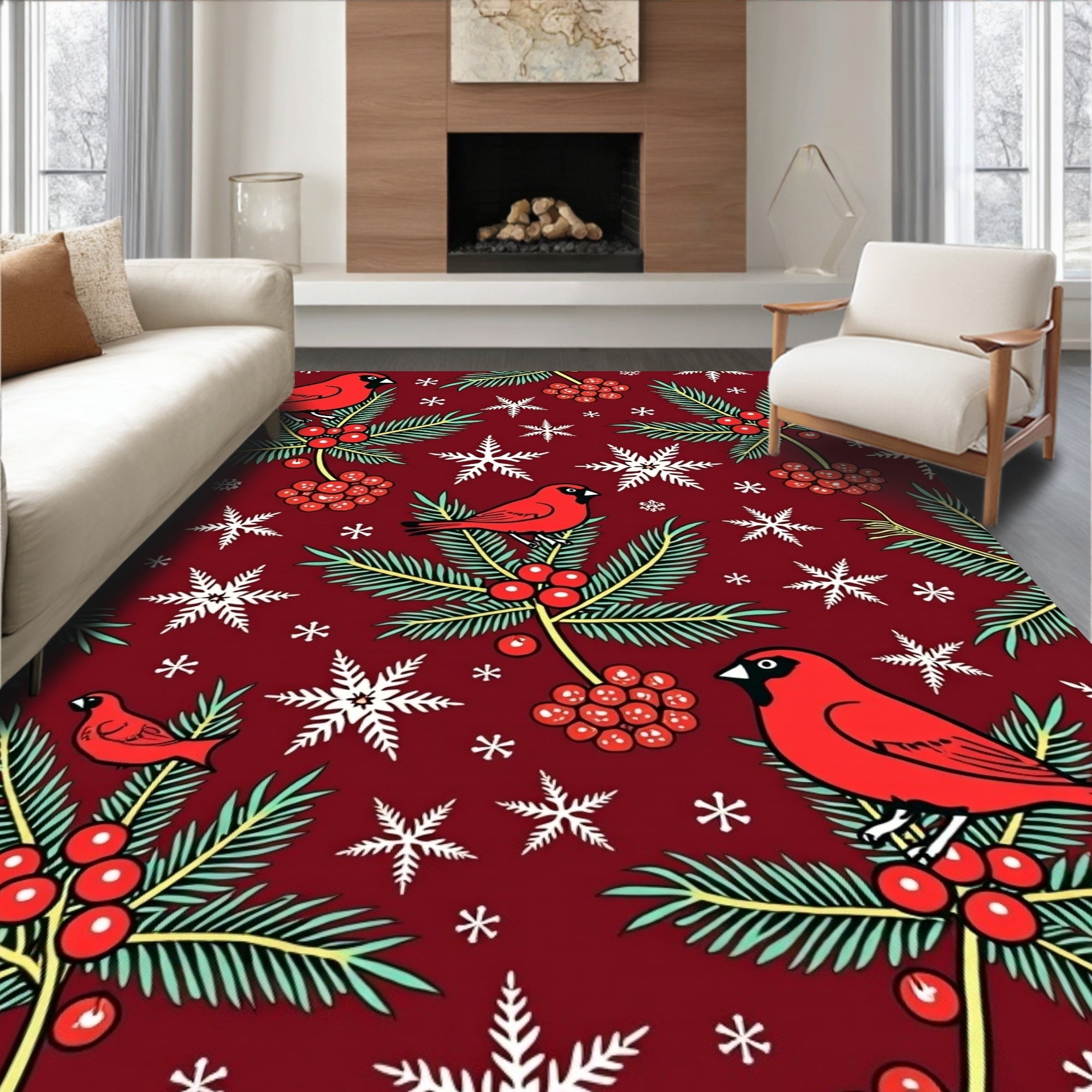 Crimson Cardinal Snowflakes Holiday Rug