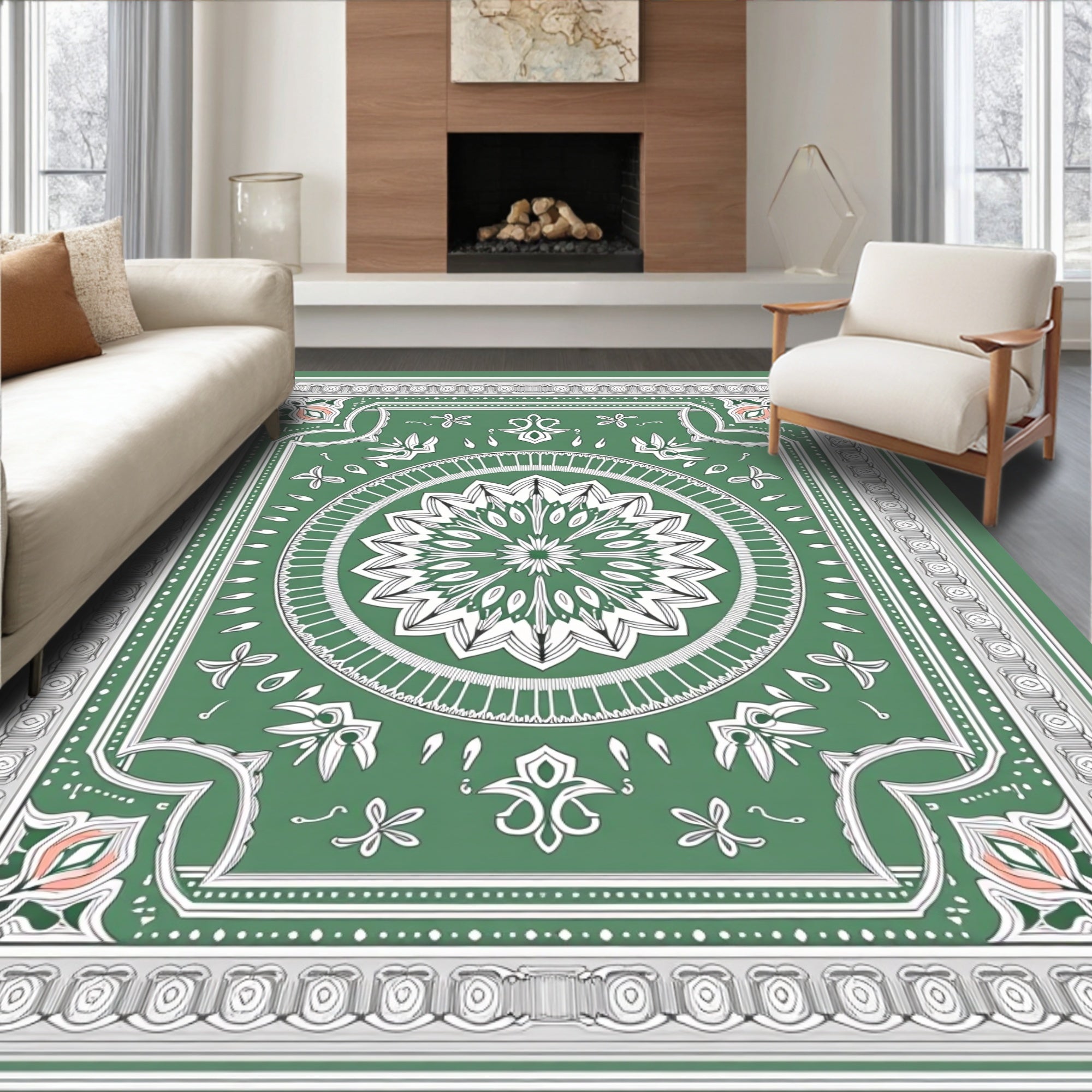 Emerald Green Medallion Floral Border Rug