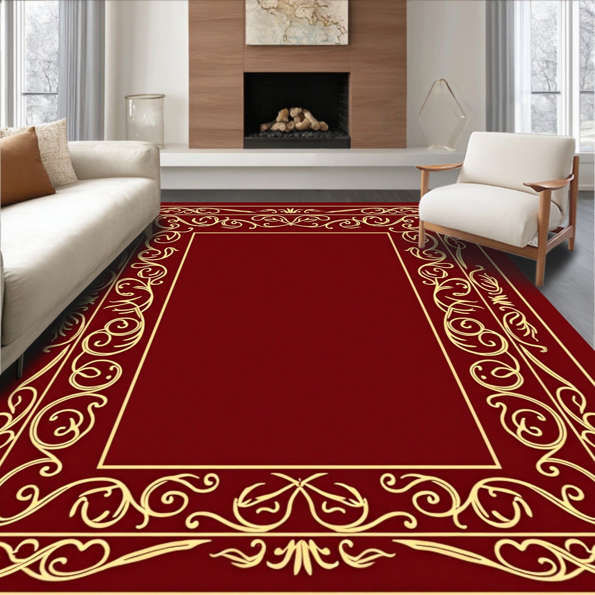 Ornate Gold Crimson Scroll Border Rug