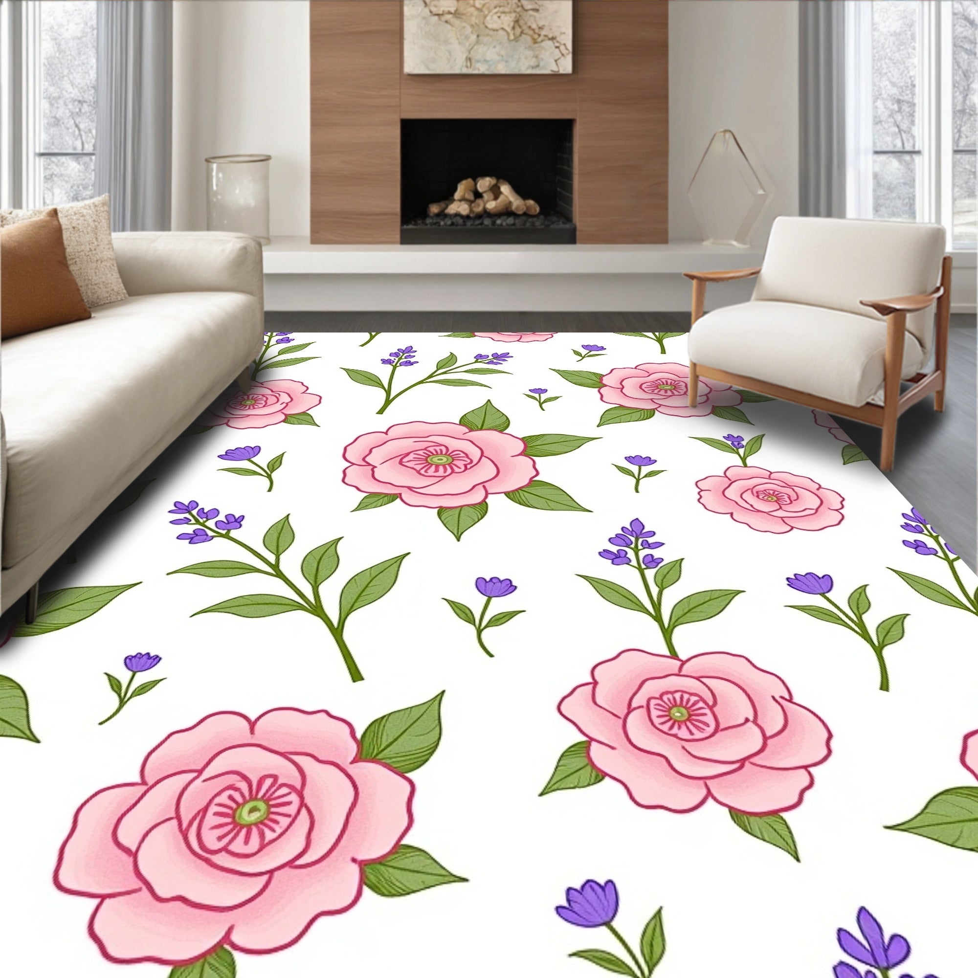 Pink Rose Lavender Garden Bloom Rug