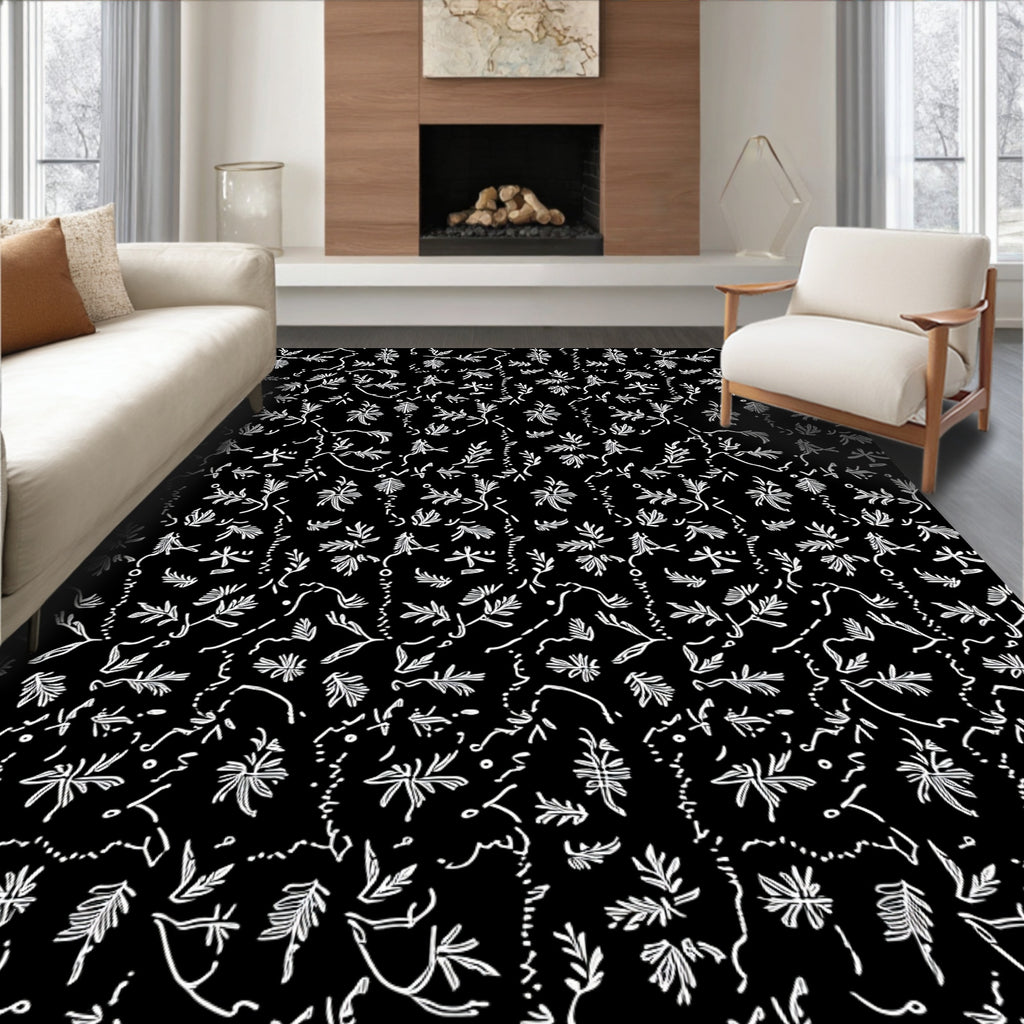 Black White Botanical Flourish Weave Rug