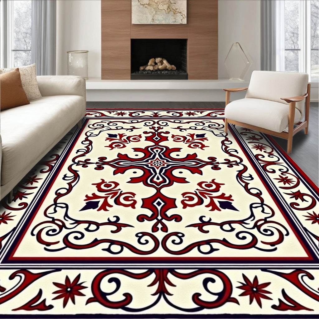 Crimson Navy Floral Medallion Frame Rug