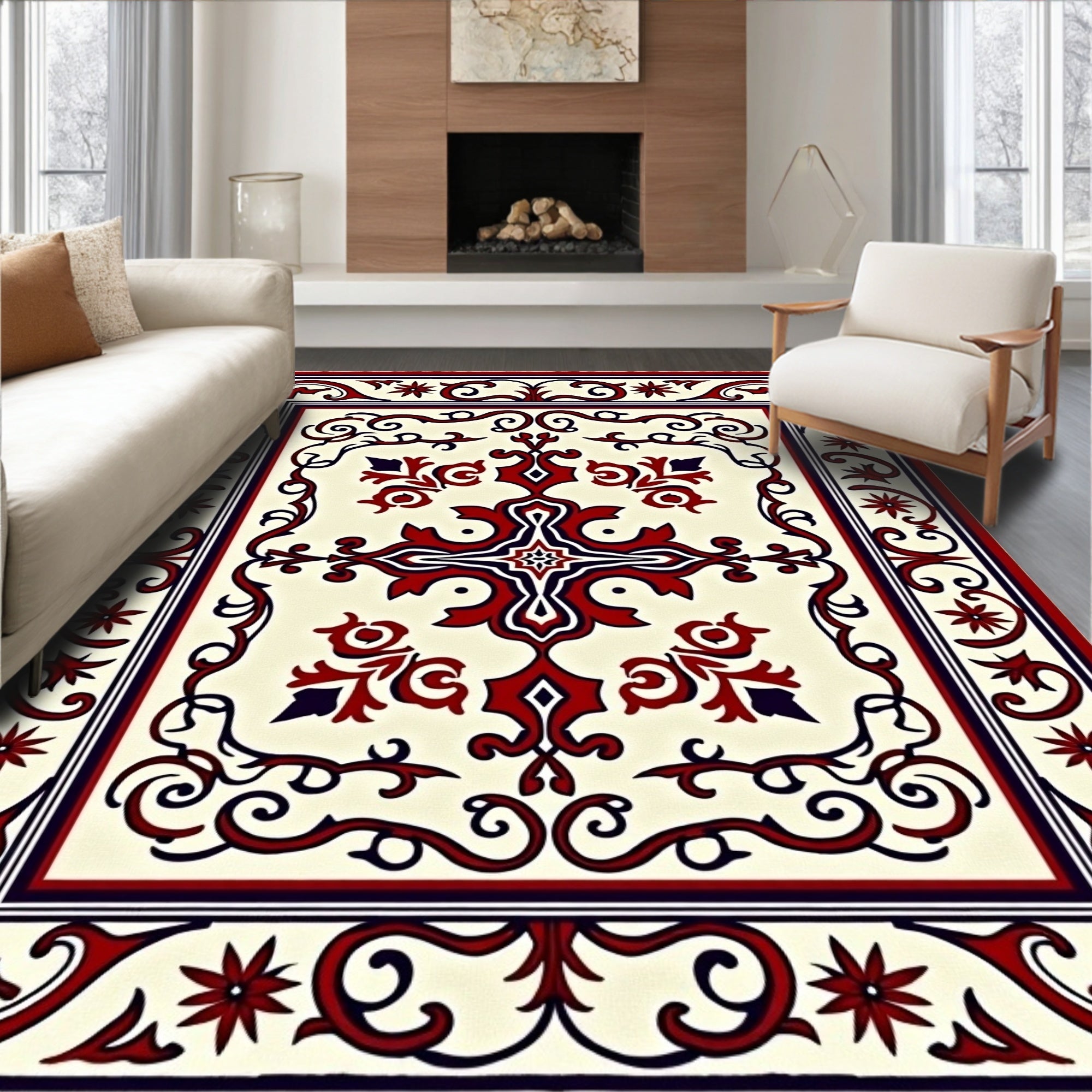 Crimson Navy Floral Medallion Frame Rug