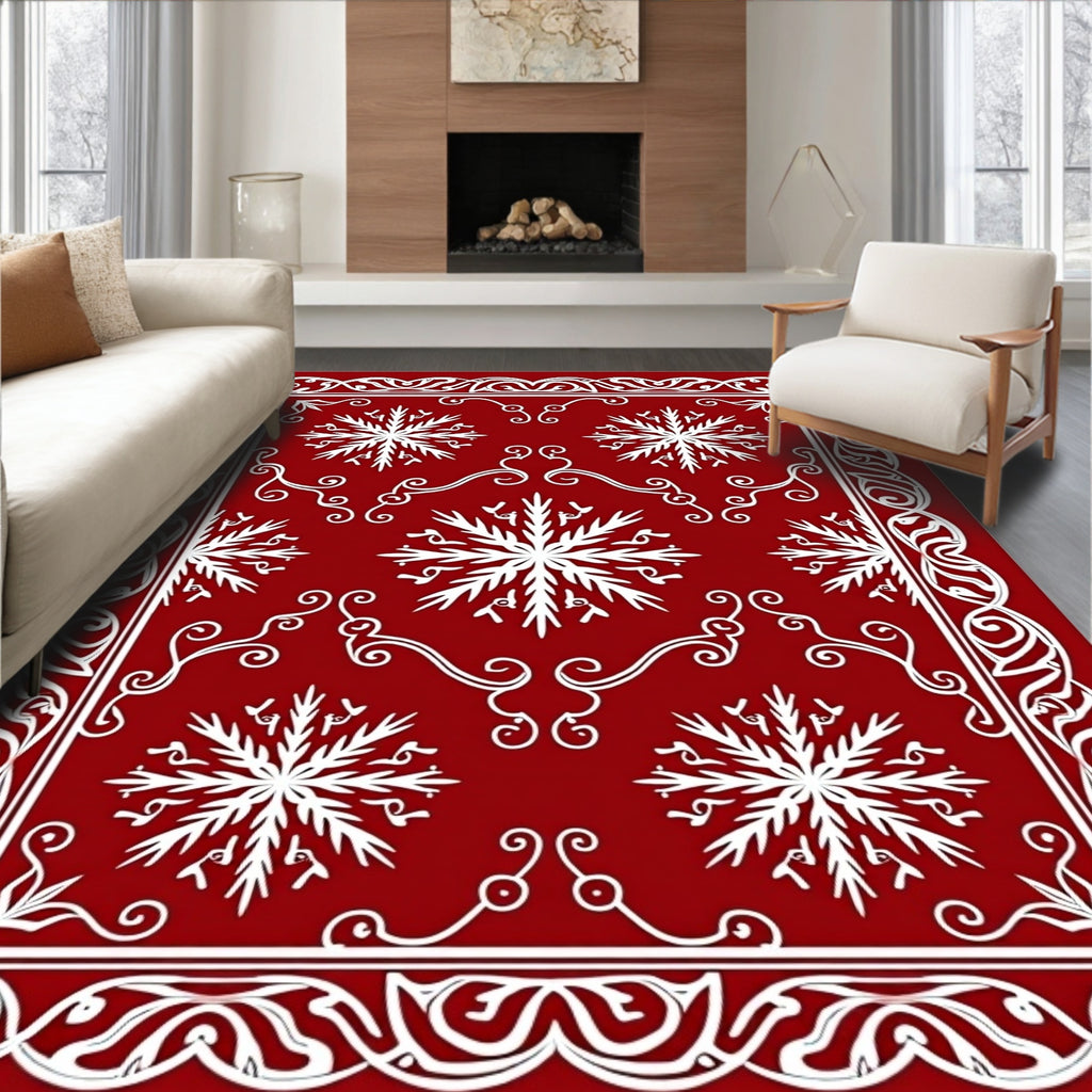 Crimson White Snowflake Border Harmony Rug