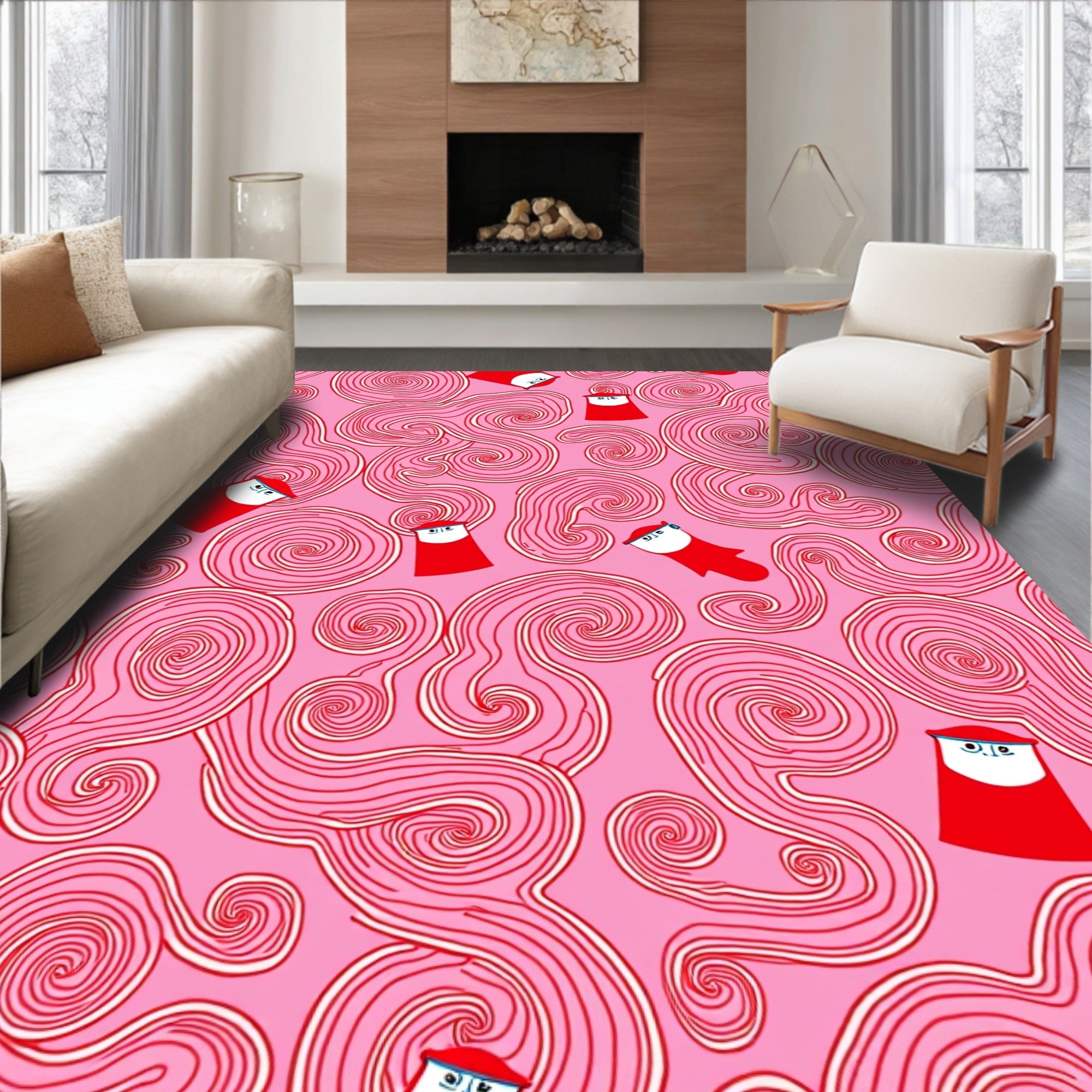 Whimsical Red Swirl Figures Pink Rug