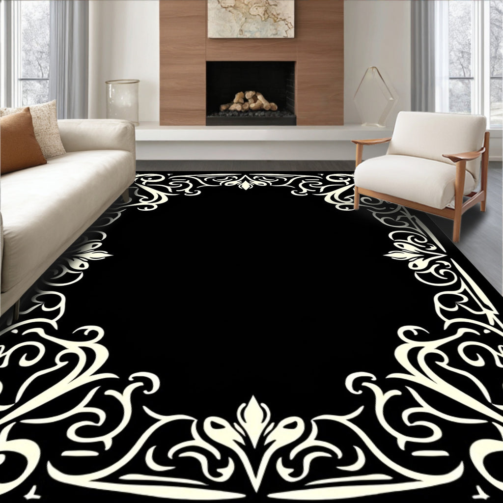 Cream Swirls Floral Laurel Border Rug