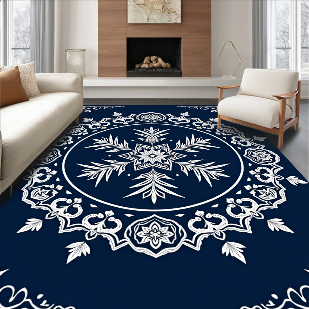 Navy Blue White Mandala Star Rug