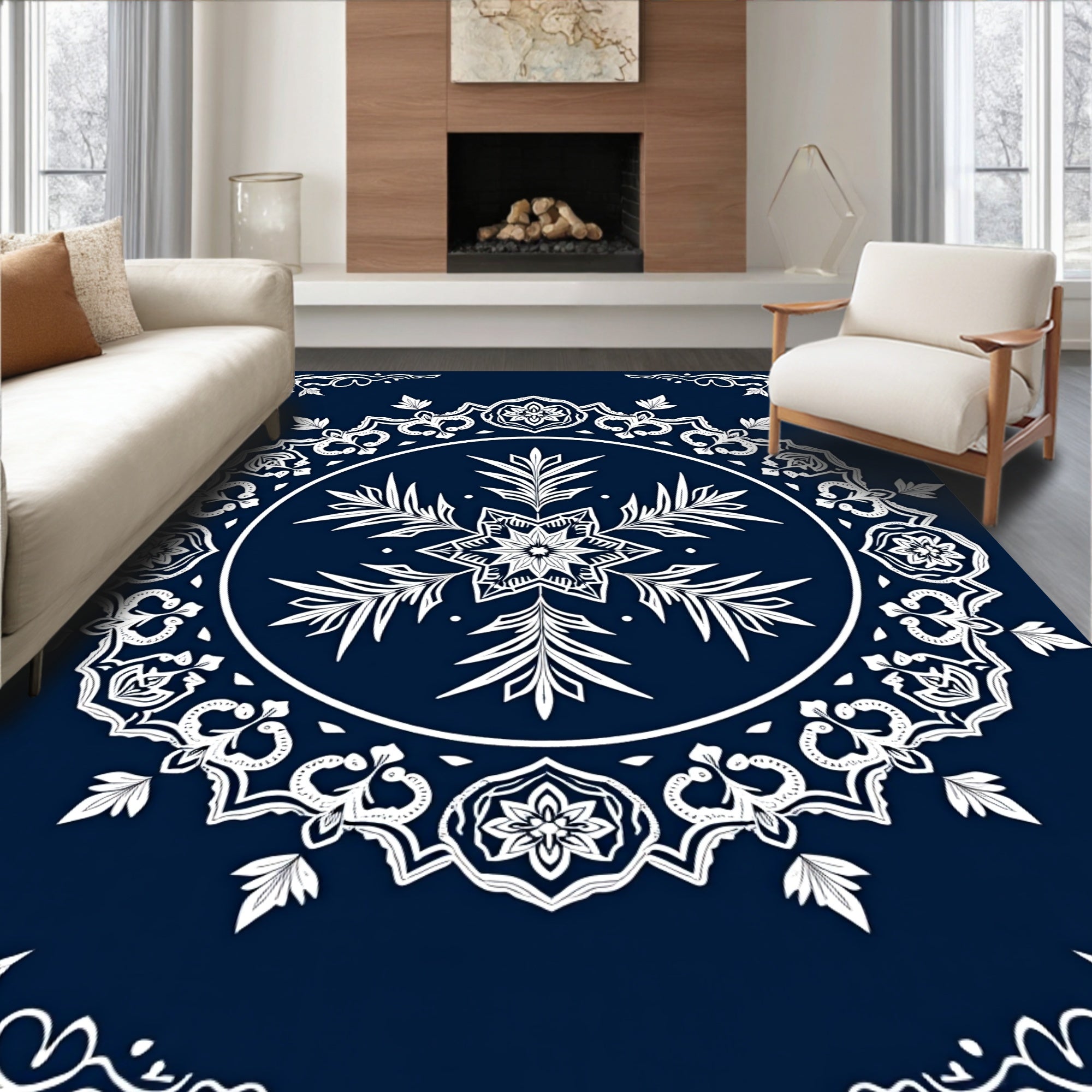 Navy Blue White Mandala Star Rug