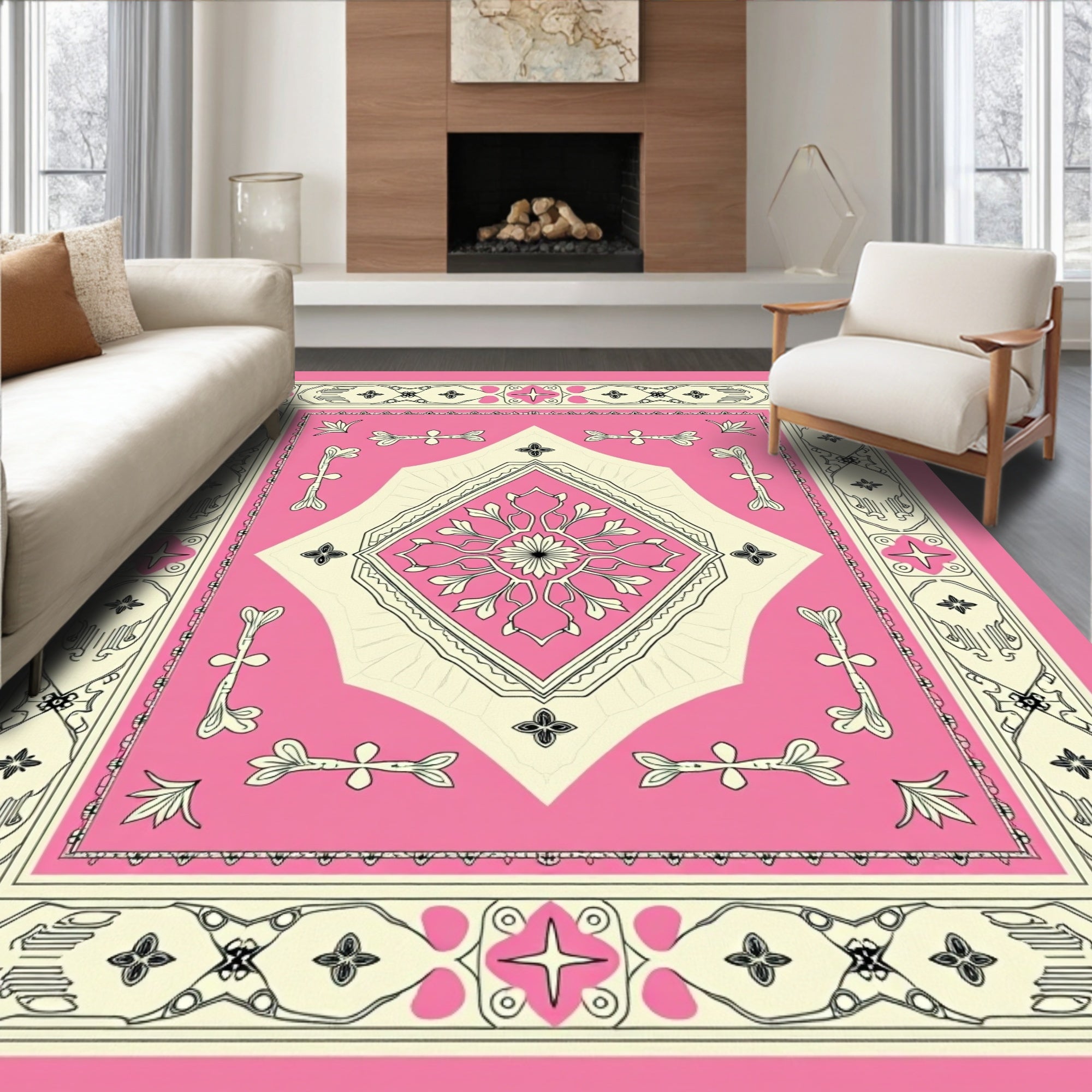 PinkCream Floral Medallion Art Deco Rug