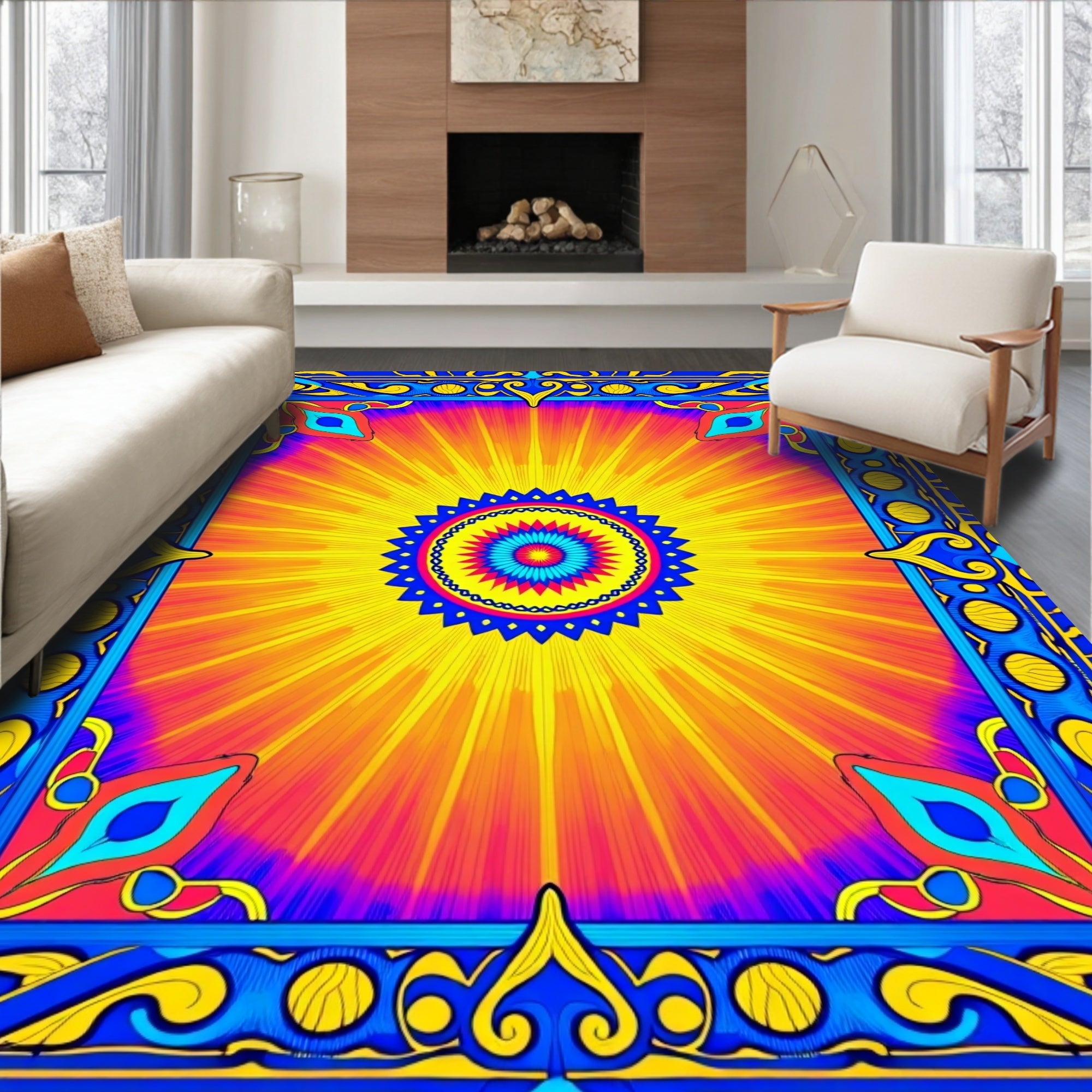Vibrant Sunburst Mandala Blue Border Rug
