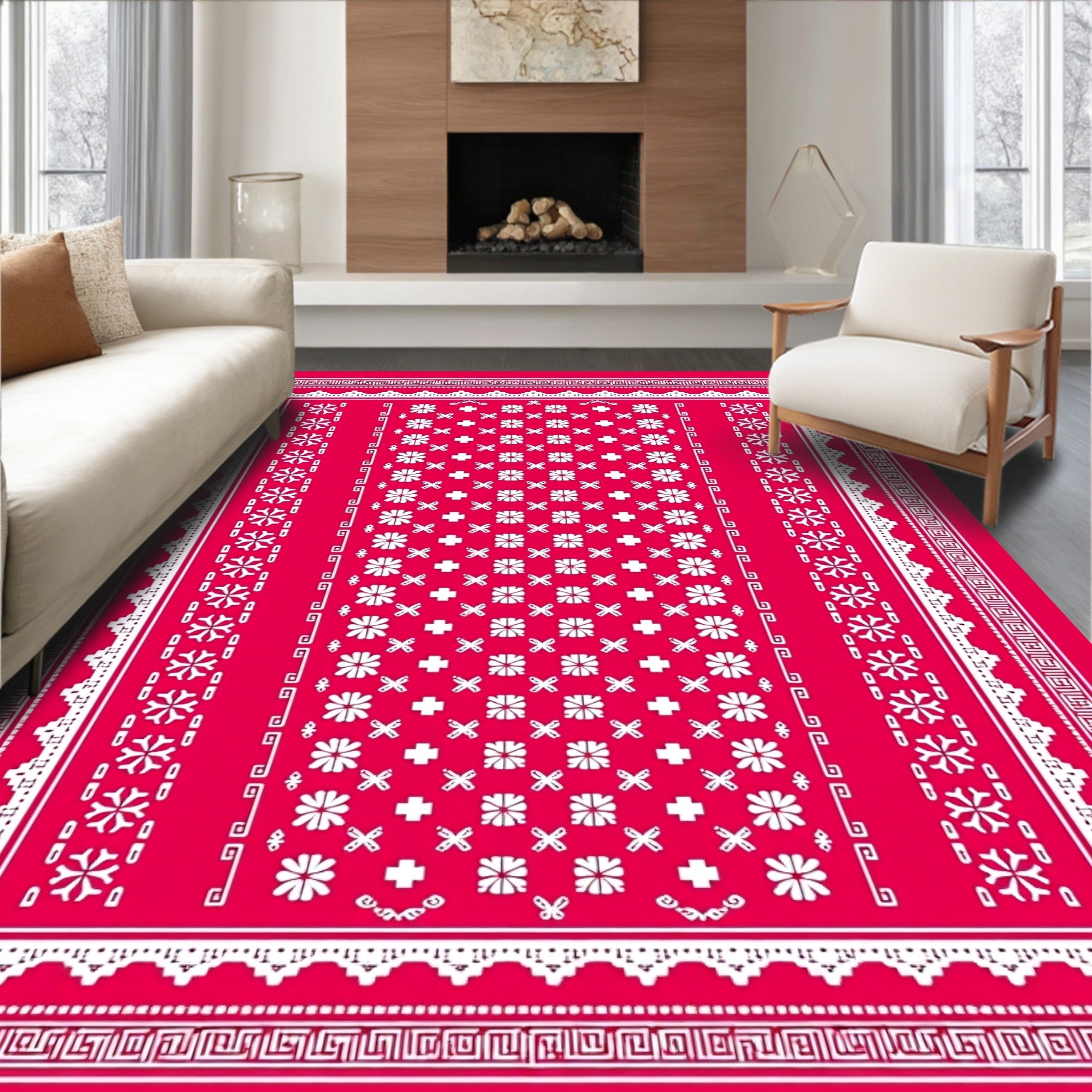 Crimson Floral Geometric Medallion Rug