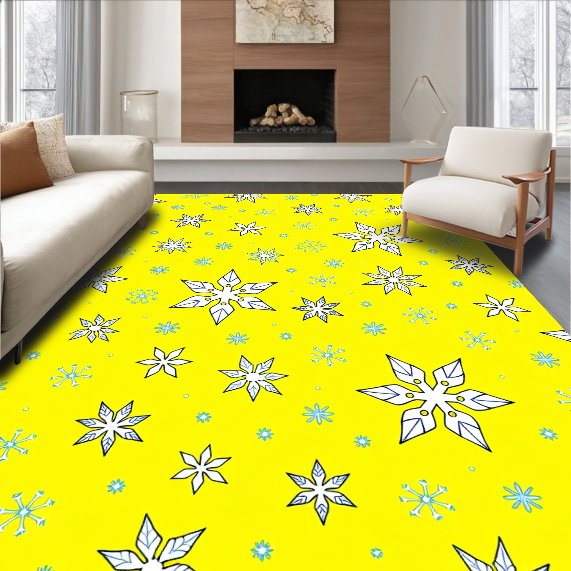 Bright Yellow Snowflakes Scattered Design Rug