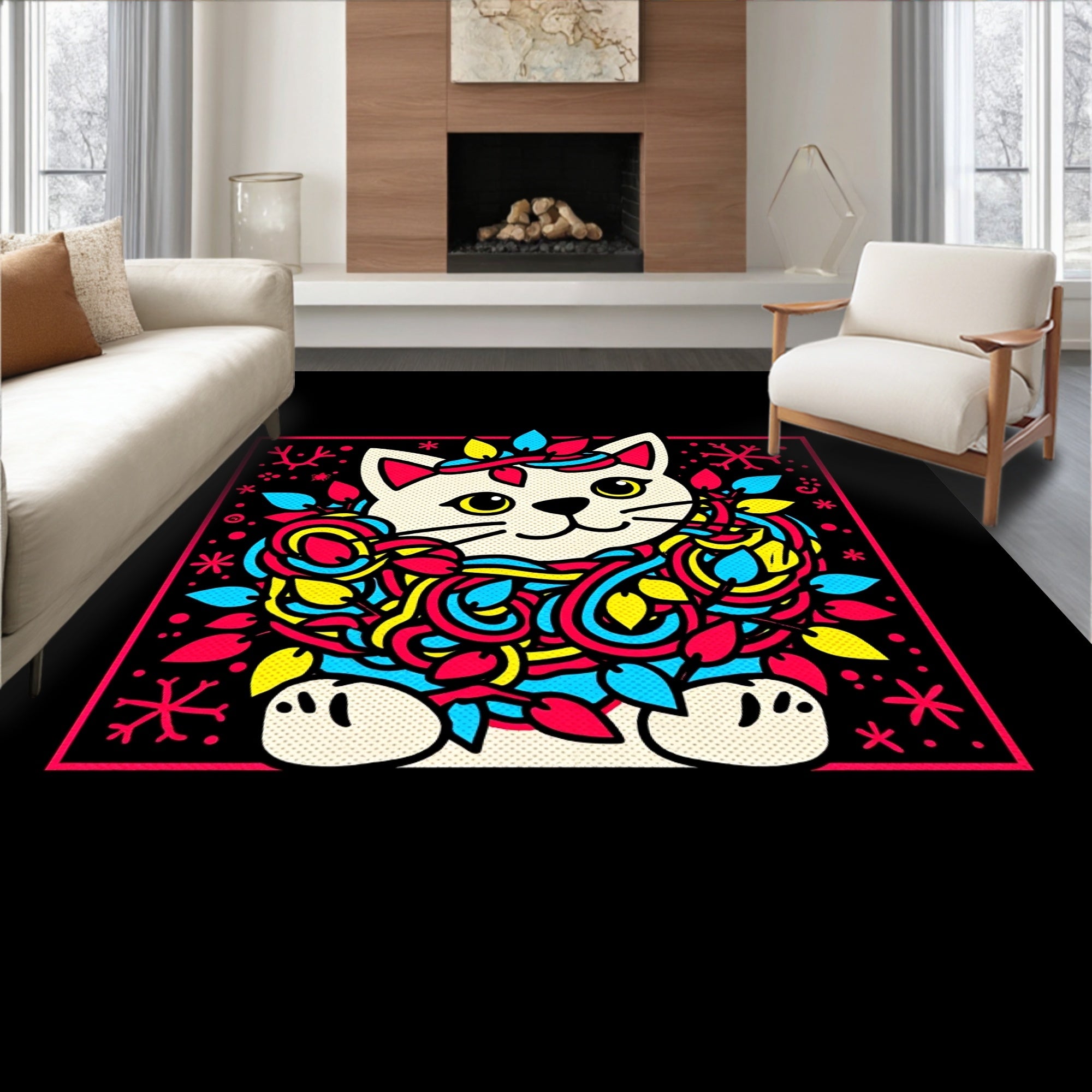 Whimsical Cat Wrapped In Lights Rug