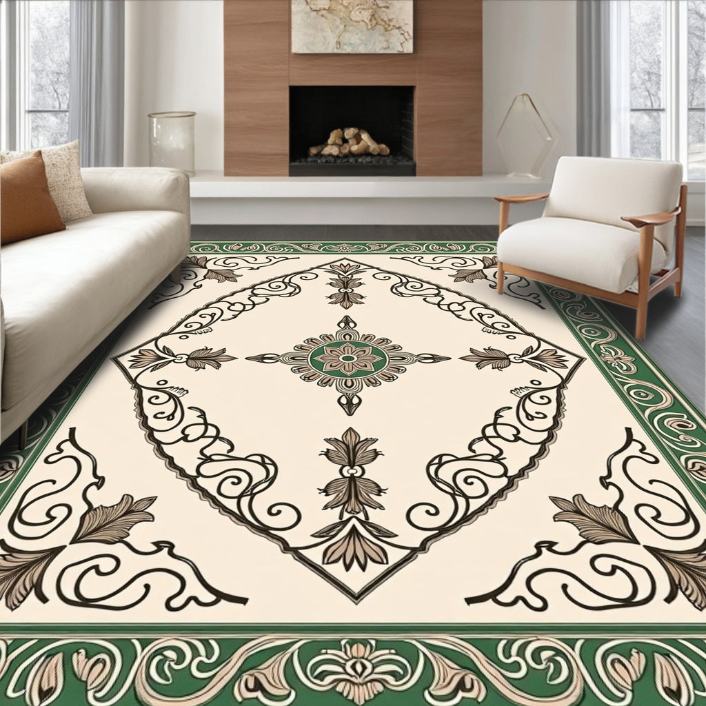 Green Cream Floral Diamond Medallion Rug