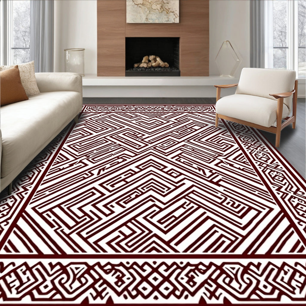 Maroon Labyrinth Geometric Border Rug