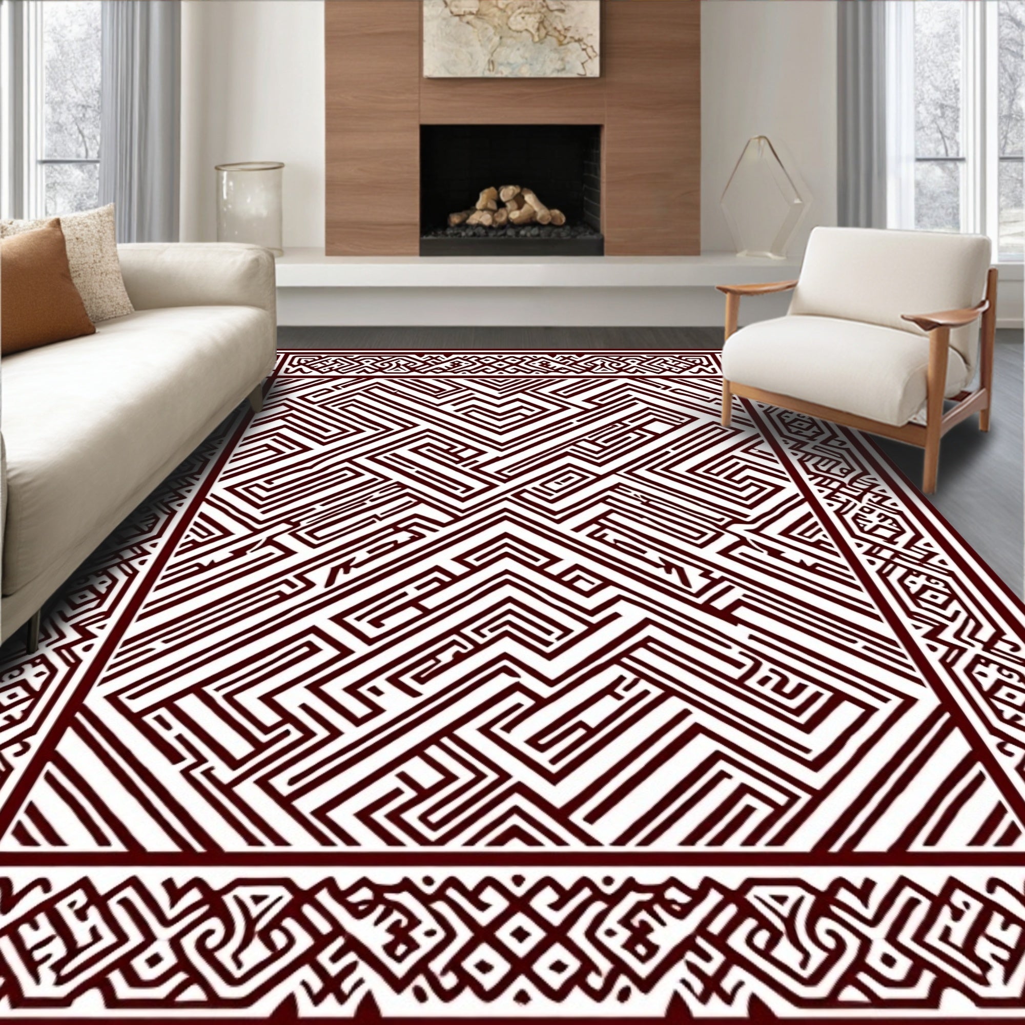 Maroon Labyrinth Geometric Border Rug