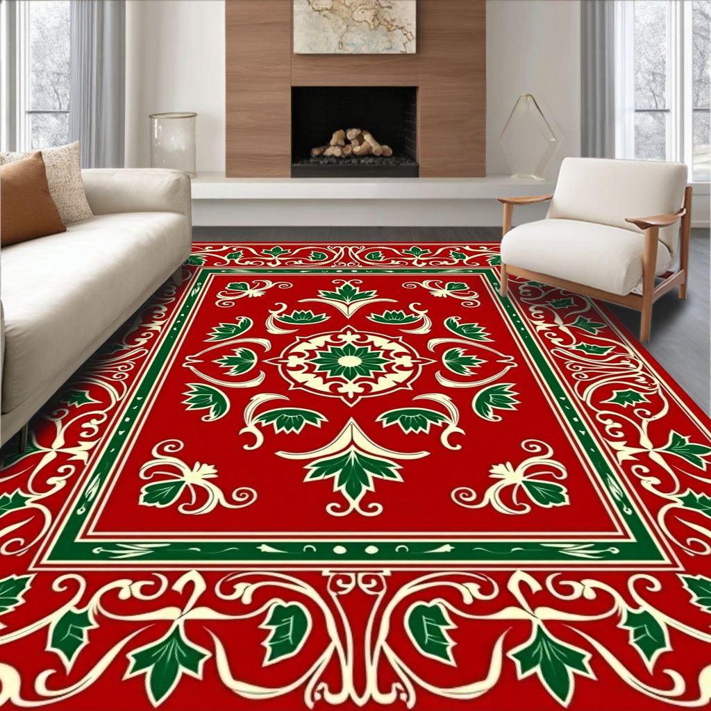 Crimson Green Floral Border Medallion Rug