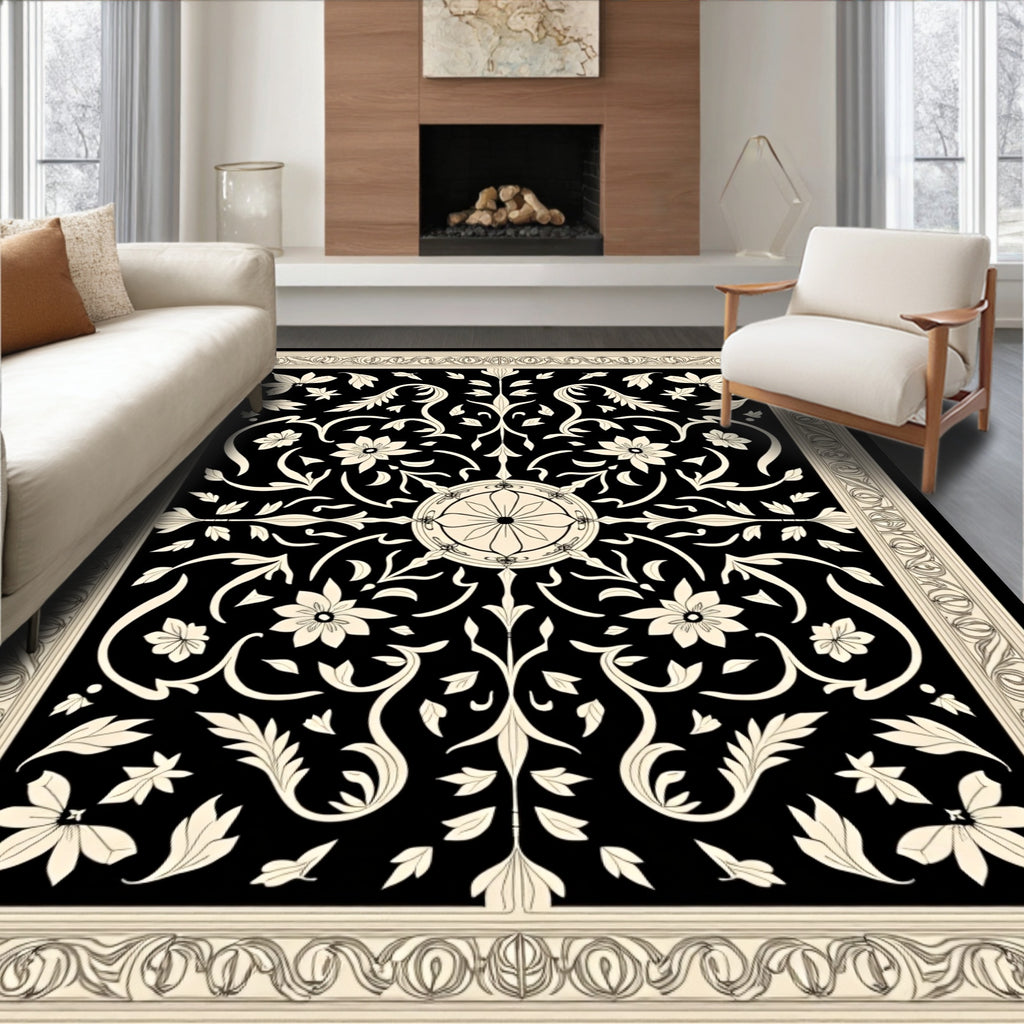 Art Nouveau Black Cream Floral Scroll Rug