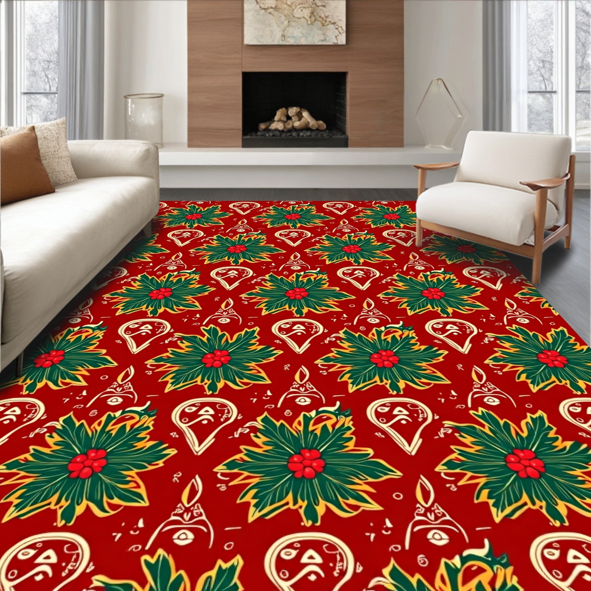Red Holiday Poinsettia Garland Rug