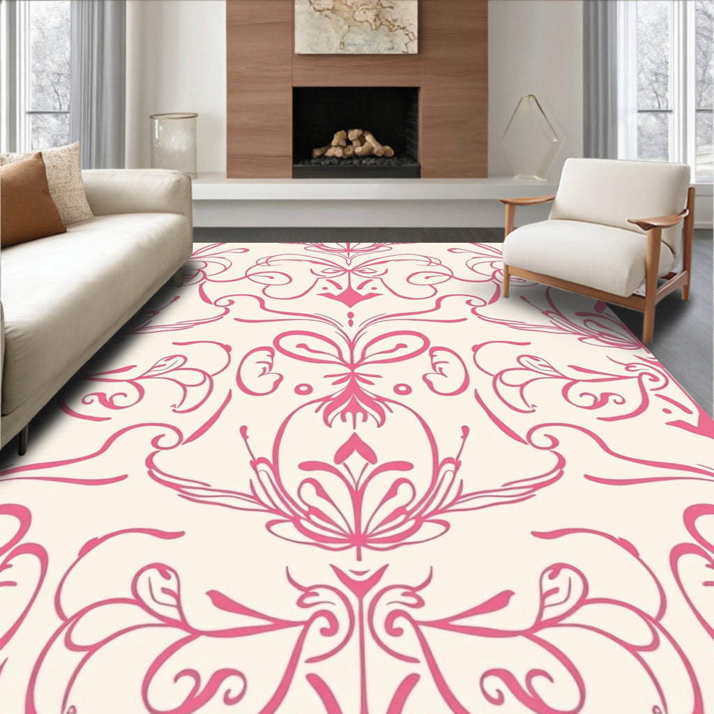 Pink Floral Scroll Damask Rug
