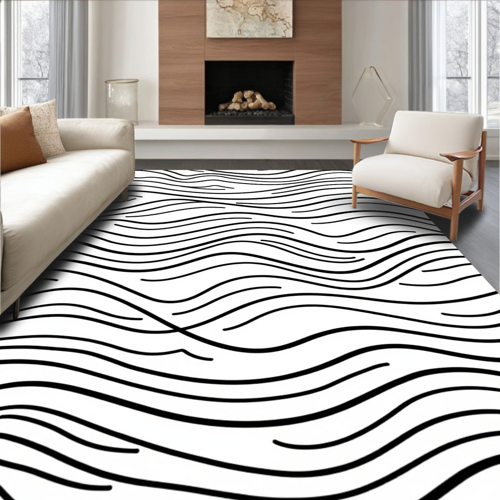 Abstract Black and White Wavy Lines Rug