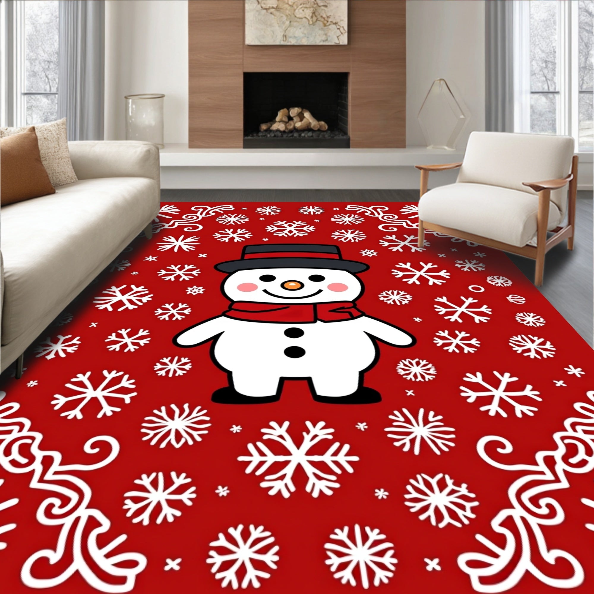 Charming Red Snowman Snowflakes Swirl Rug