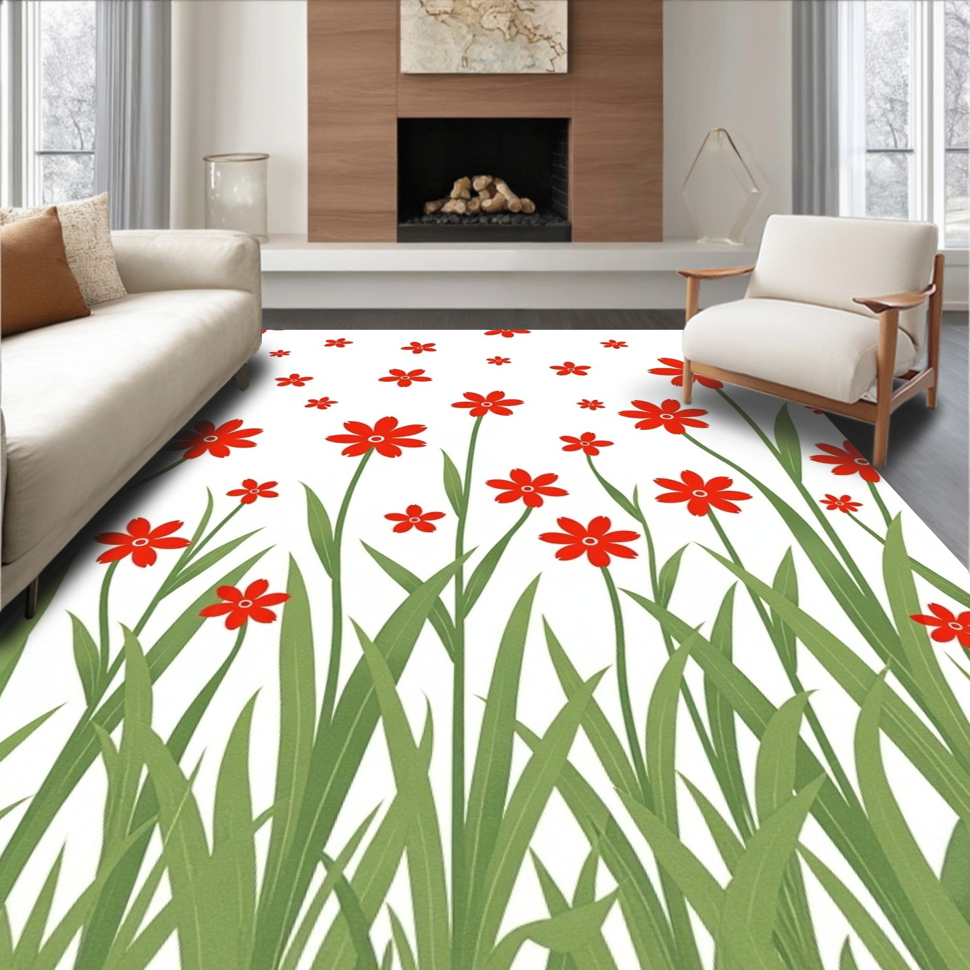 Red Blossoms Garden Scene Rug