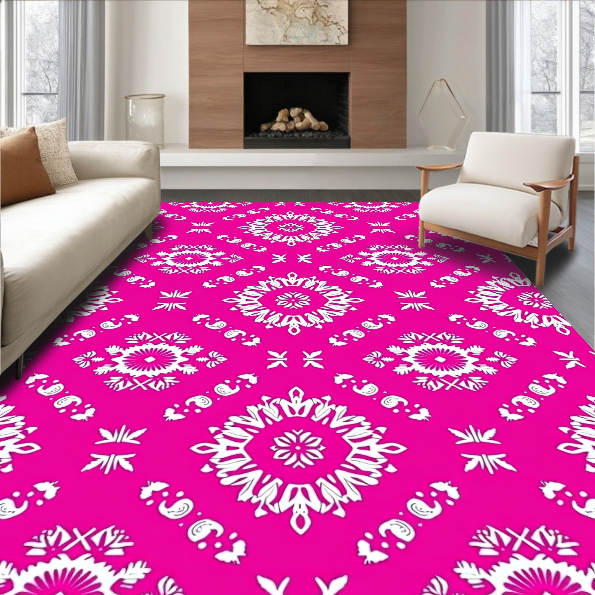 Hot Pink White Medallion Paisley Rug