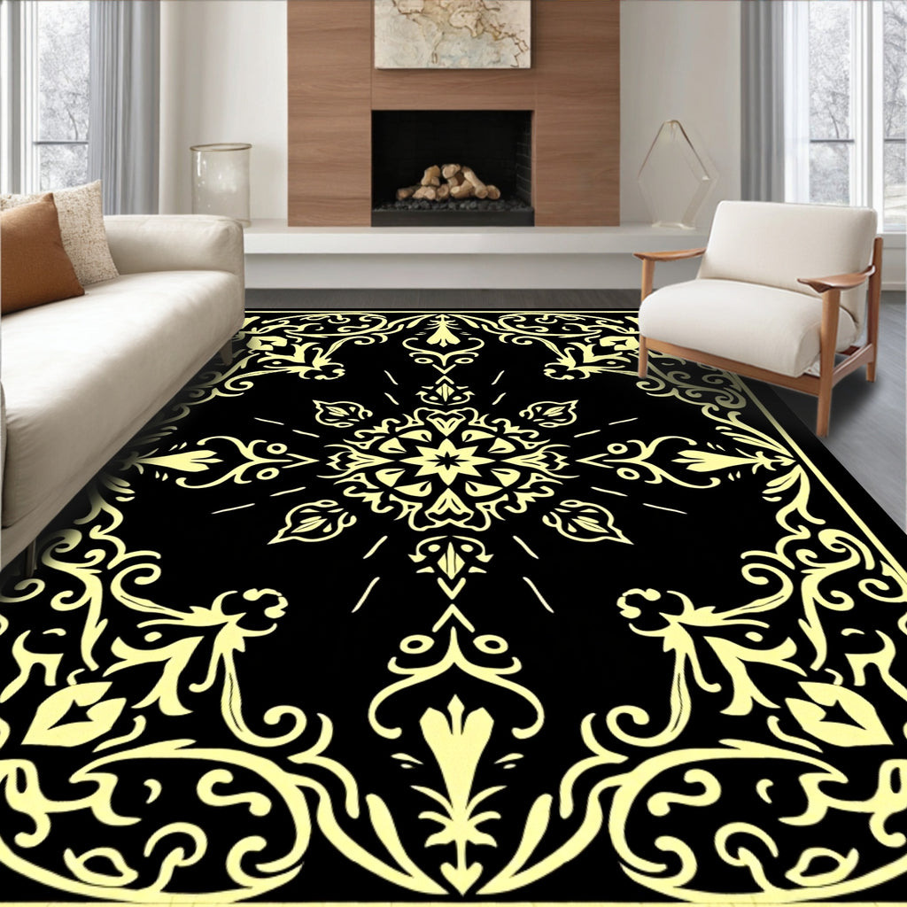 Golden Ornate Black Floral Scroll Rug