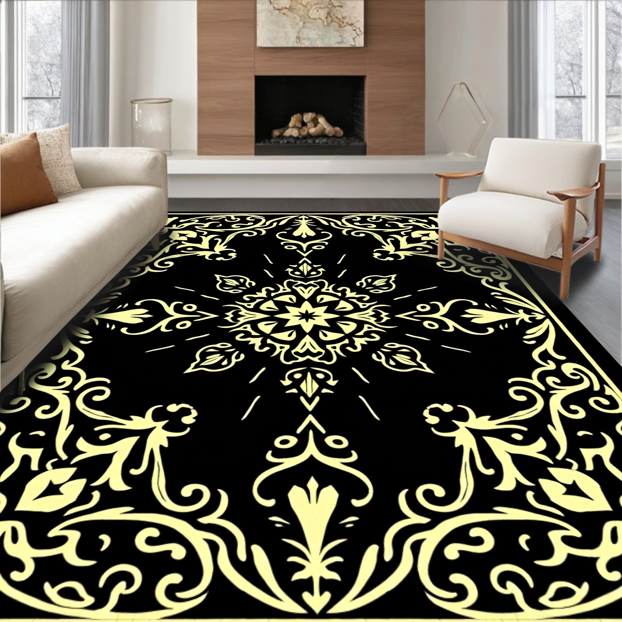 Golden Ornate Black Floral Scroll Rug