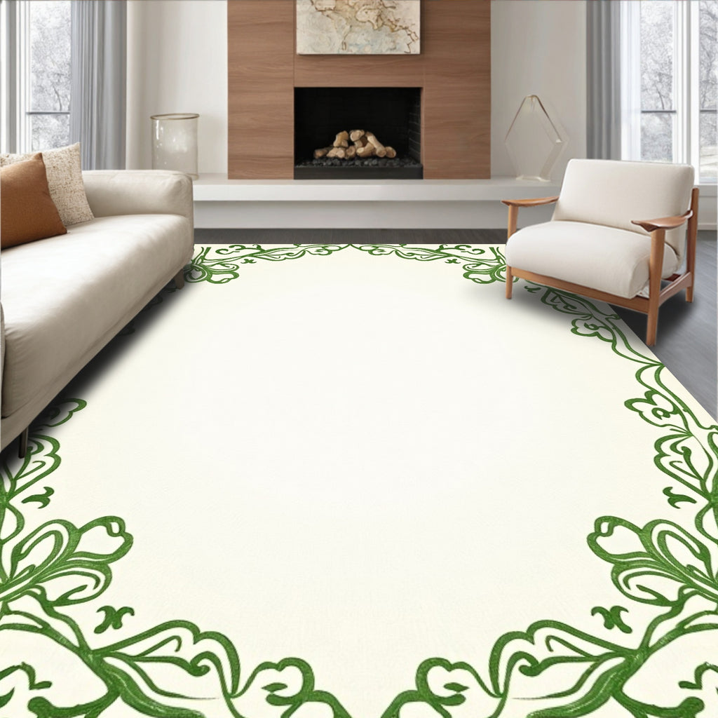 Emerald Green Floral Vine Border Rug