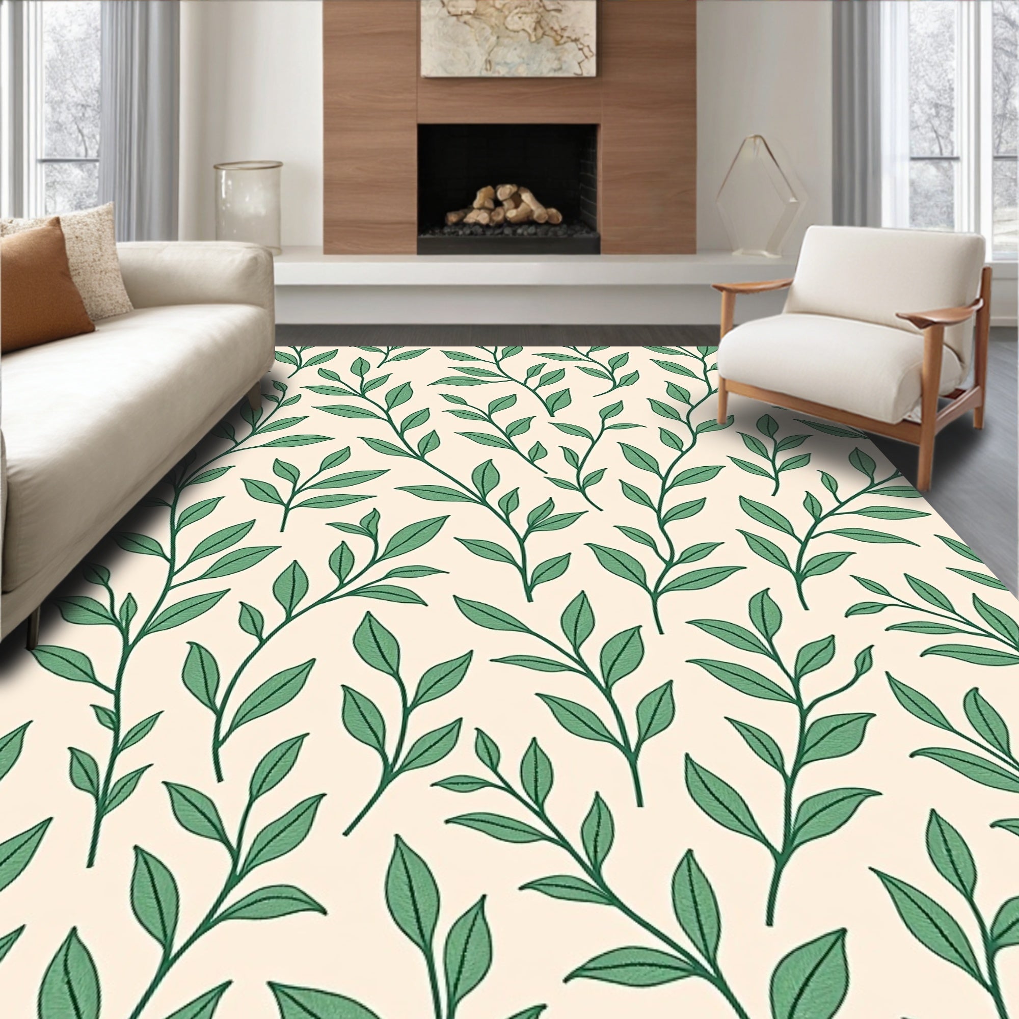 Green Leafy Branches Cream Background Rug
