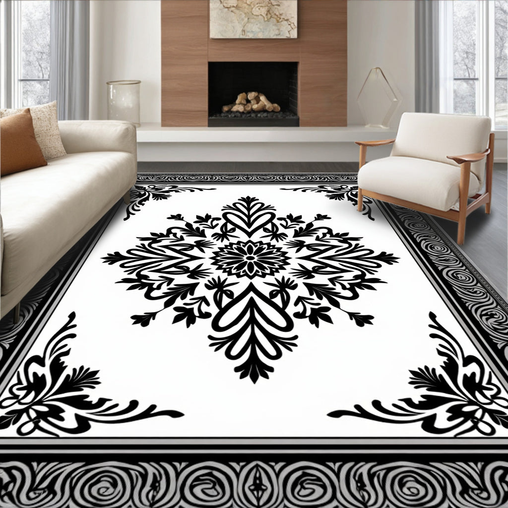 Monochromatic Black and White Medallion Frame Rug